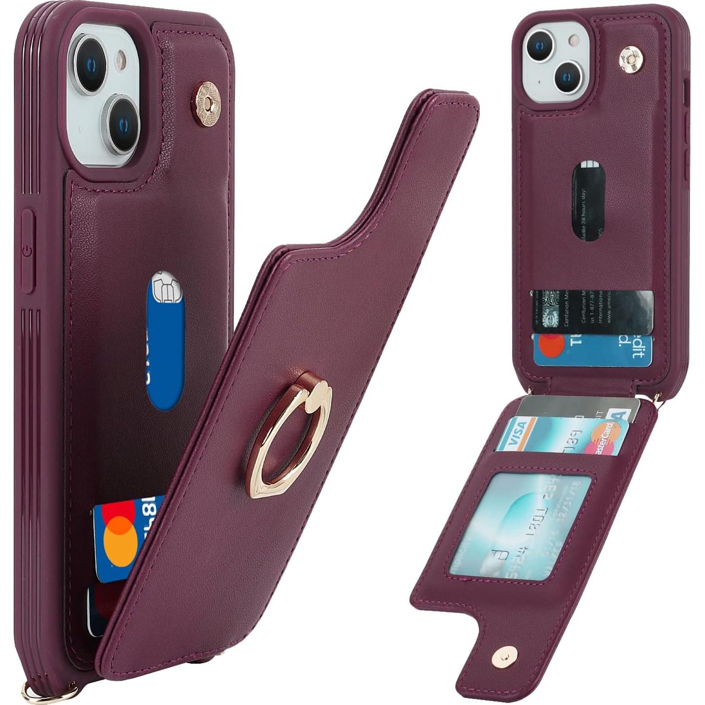 Funda para iPhone 14 Lipvina con soporte y correa vino rojo