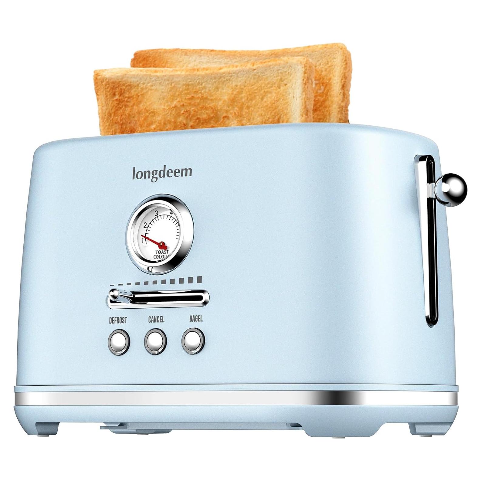 Tostadora 2 Rebanadas Longdeem Azul, Ranuras Anchas, Apagado Automático