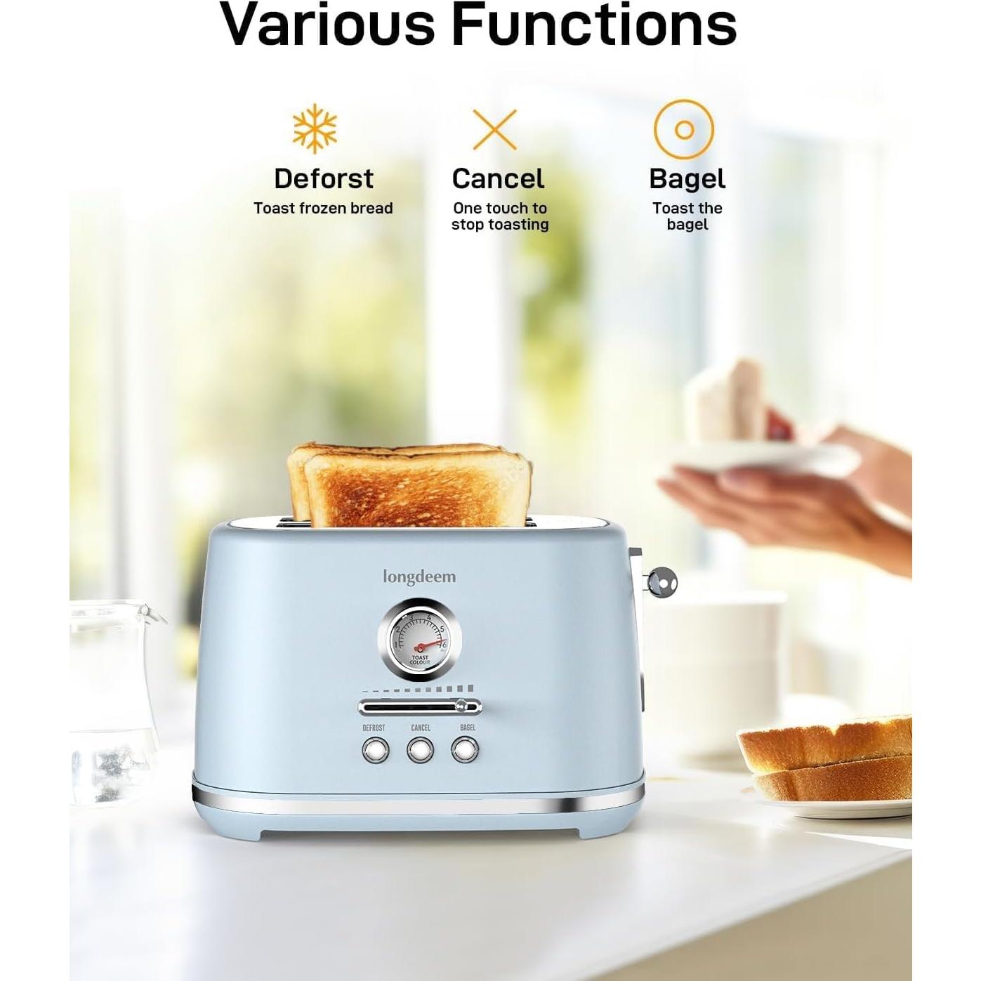 Tostadora 2 Rebanadas Longdeem Azul, Ranuras Anchas, Apagado Automático