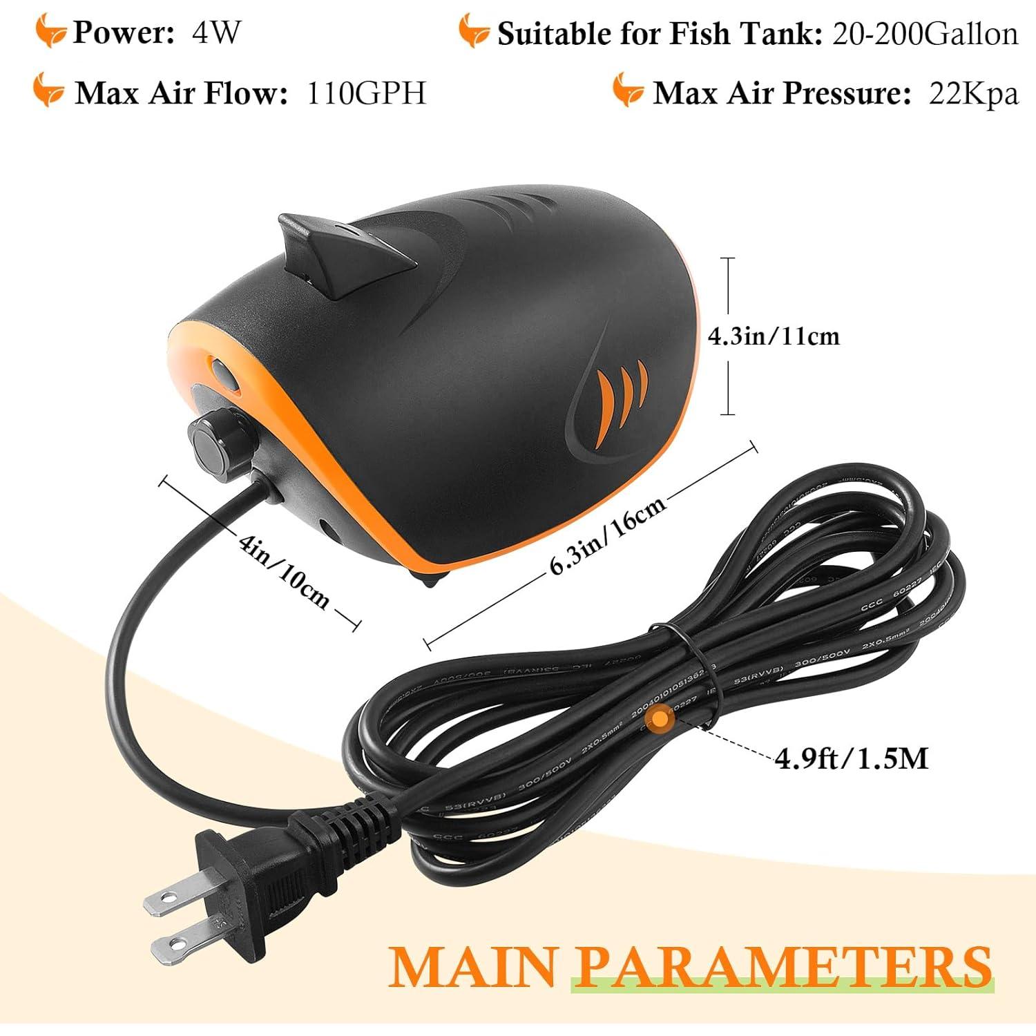 Bomba de Aire para Acuario HITOP 4W 110GPH Silenciosa 20-200 Gal