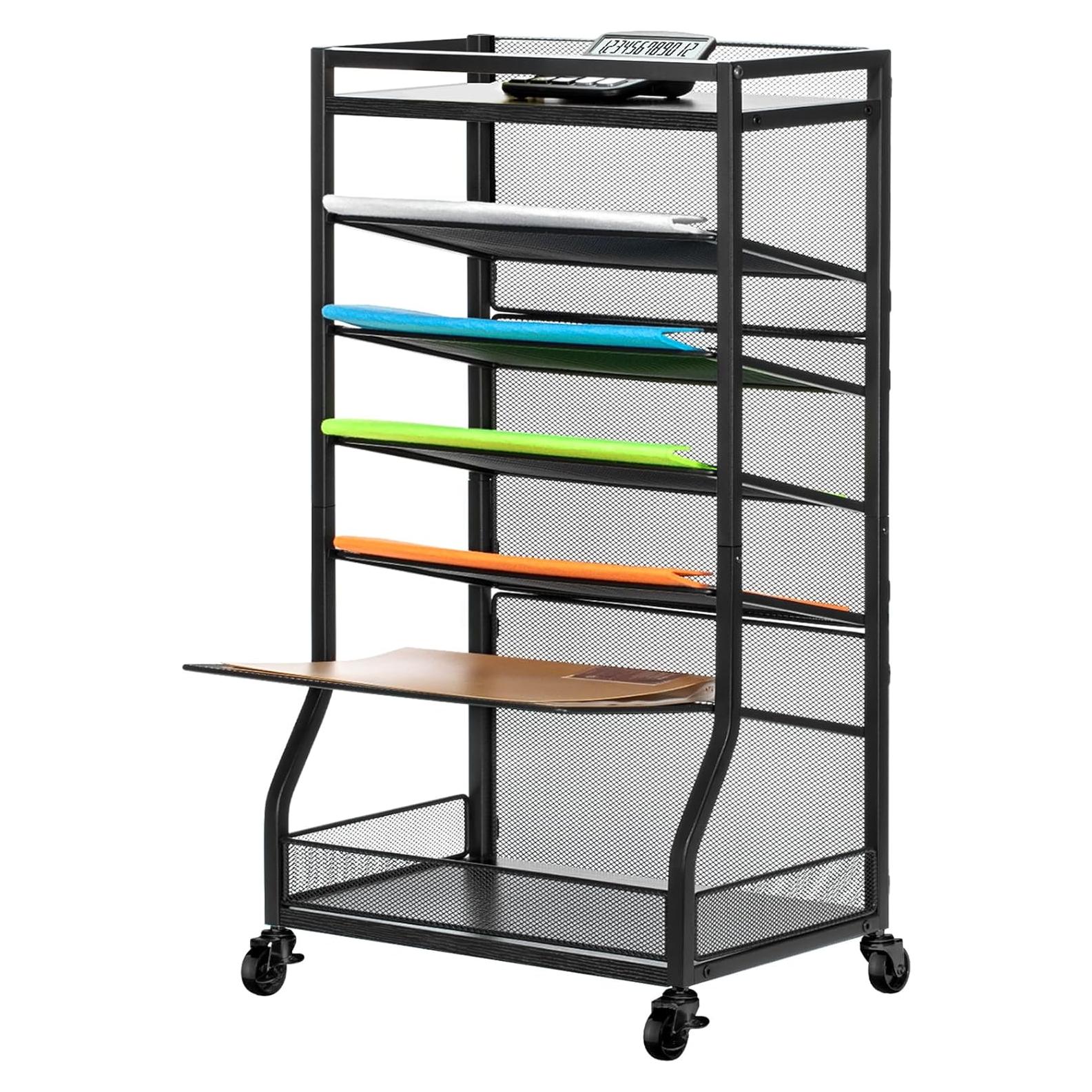 Carro de Archivo Rodante ThreeHio 7 Niveles Negro Madera Metal