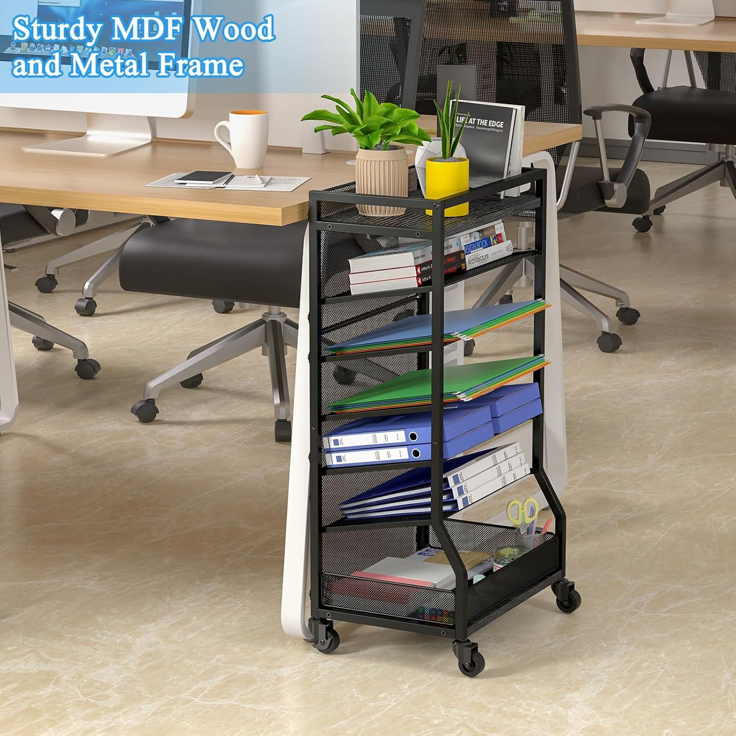 Carro de Archivo Rodante ThreeHio 7 Niveles Negro Madera Metal