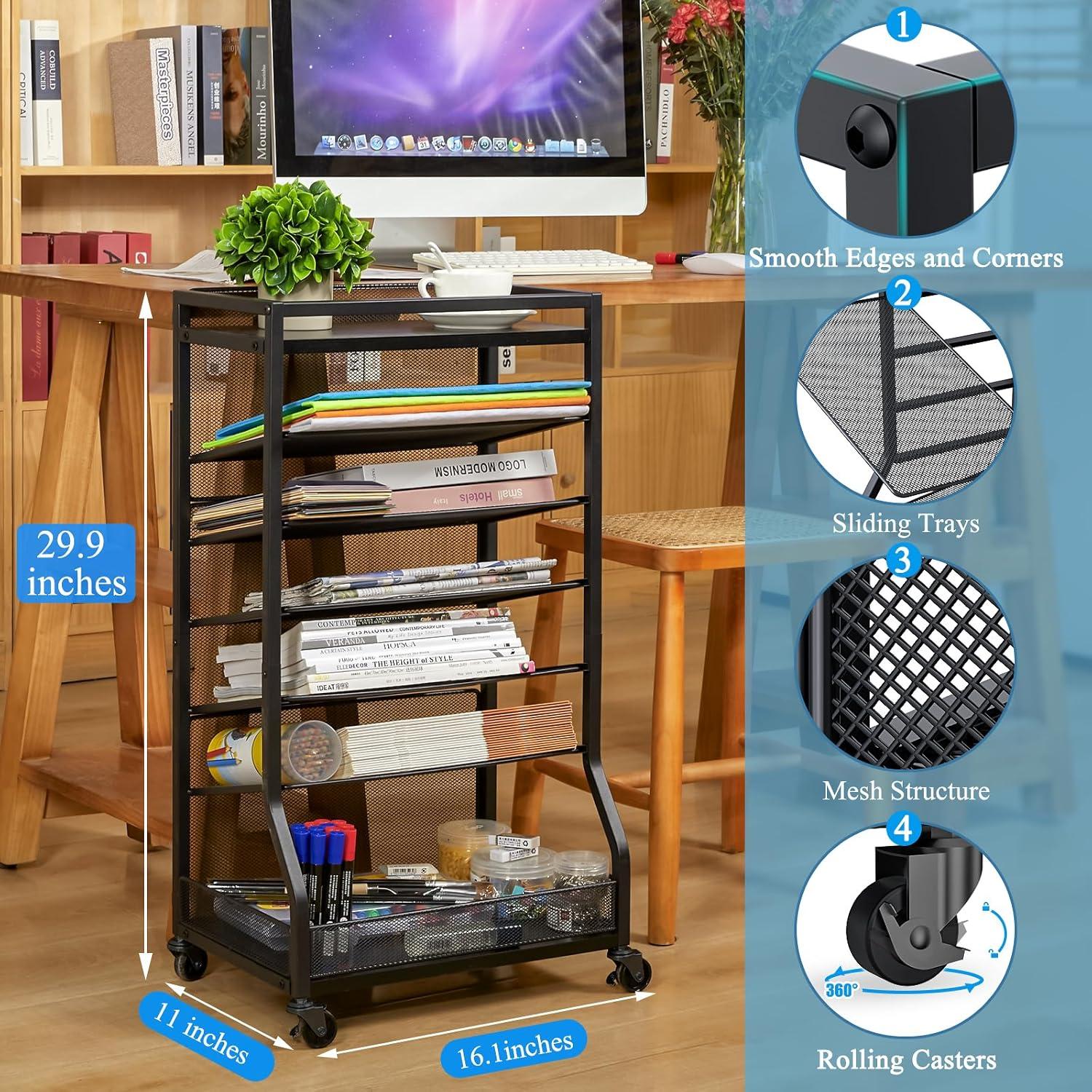 Carro de Archivo Rodante ThreeHio 7 Niveles Negro Madera Metal