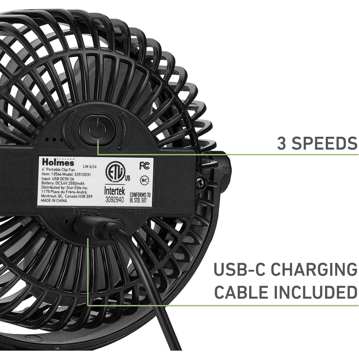 Ventilador Personal Portátil Holmes 10 cm Clip 3 Velocidades Negro