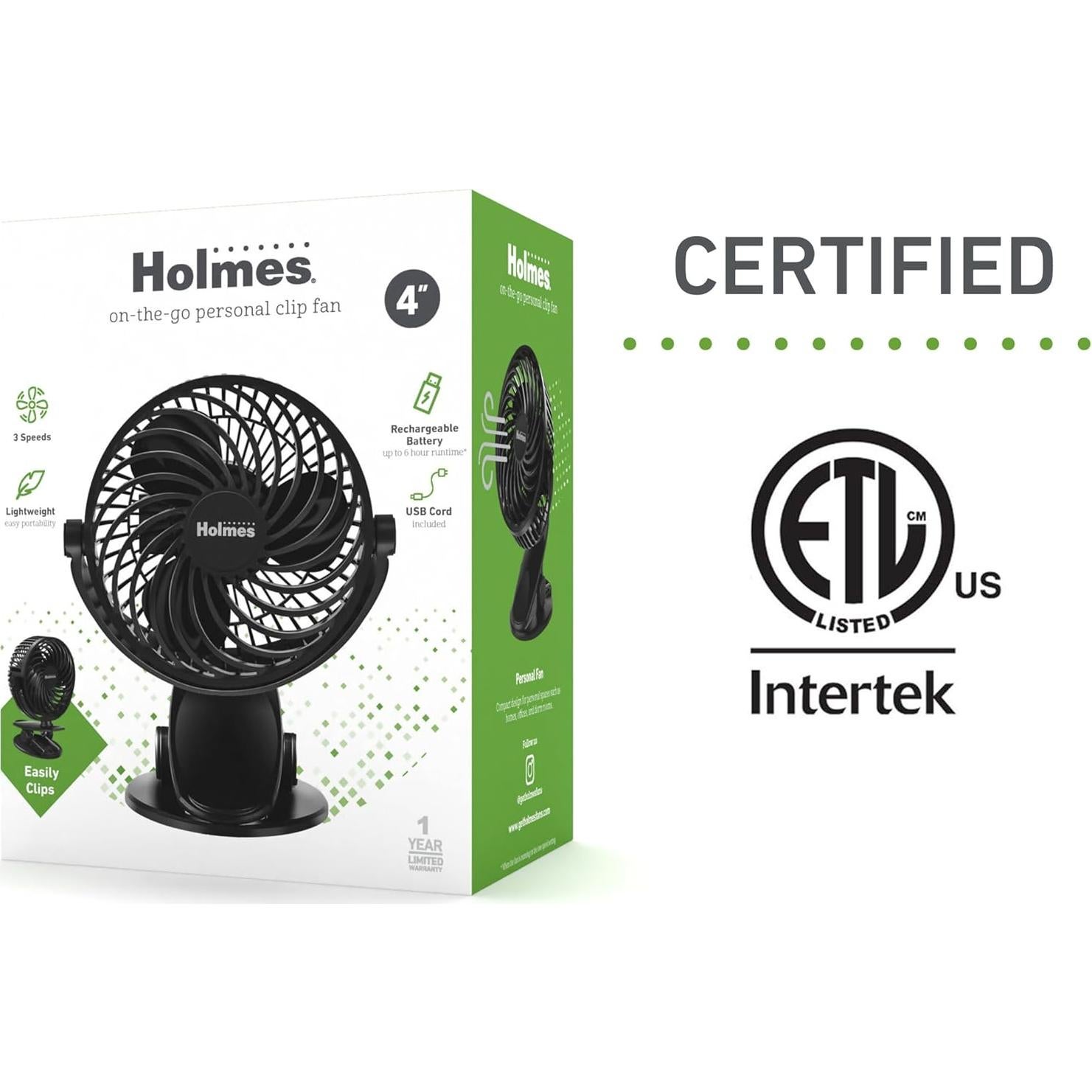 Ventilador Personal Portátil Holmes 10 cm Clip 3 Velocidades Negro