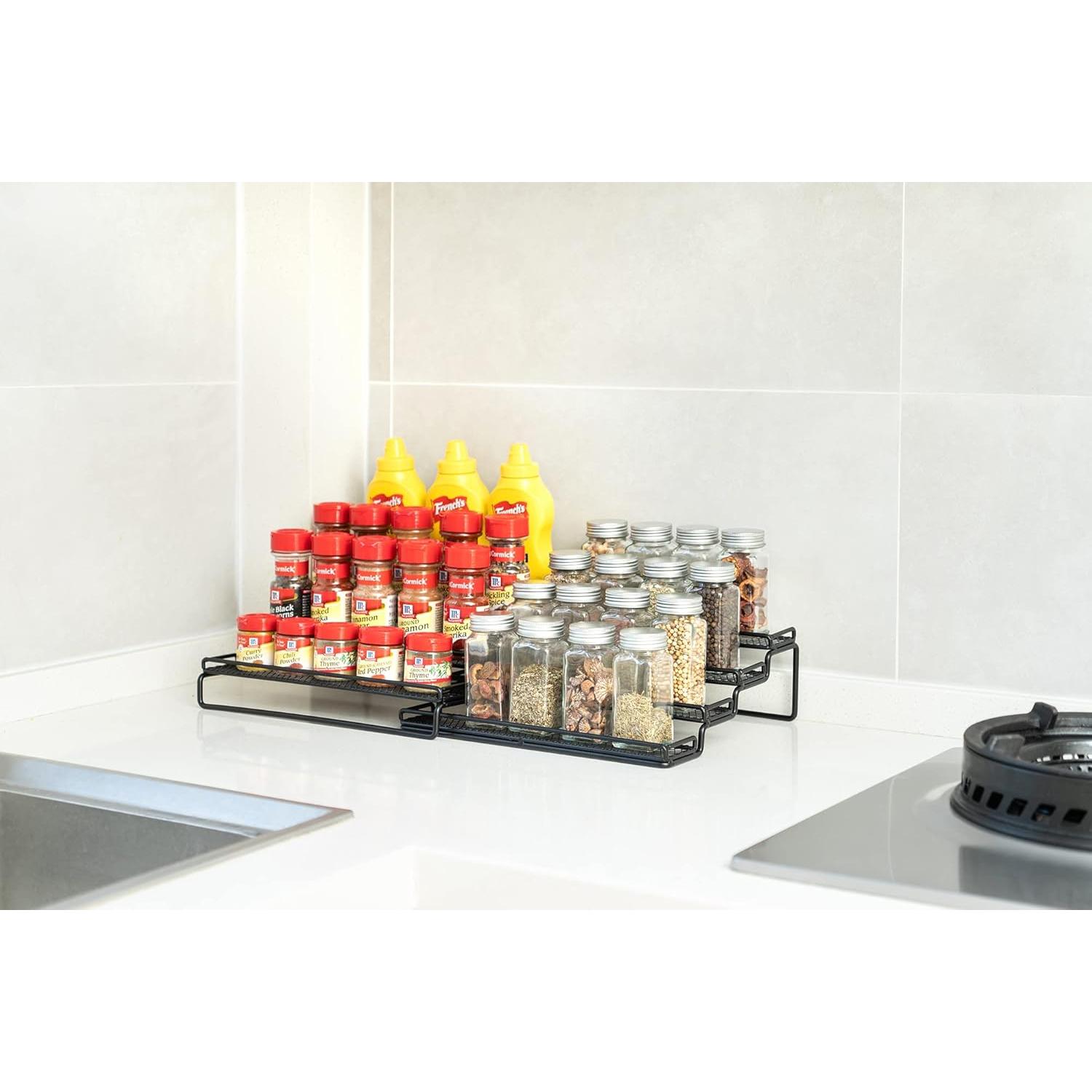 GONGSHI Spice Rack Organizer for Cabinet, Pantry and Countertop, 4 Tier Expandable Seasoning Shelf for Cabinet, Black