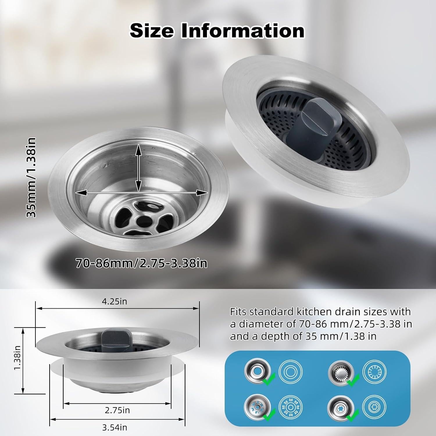 Colador de fregadero iFealClear acero inoxidable 3 en 1 8.89 cm