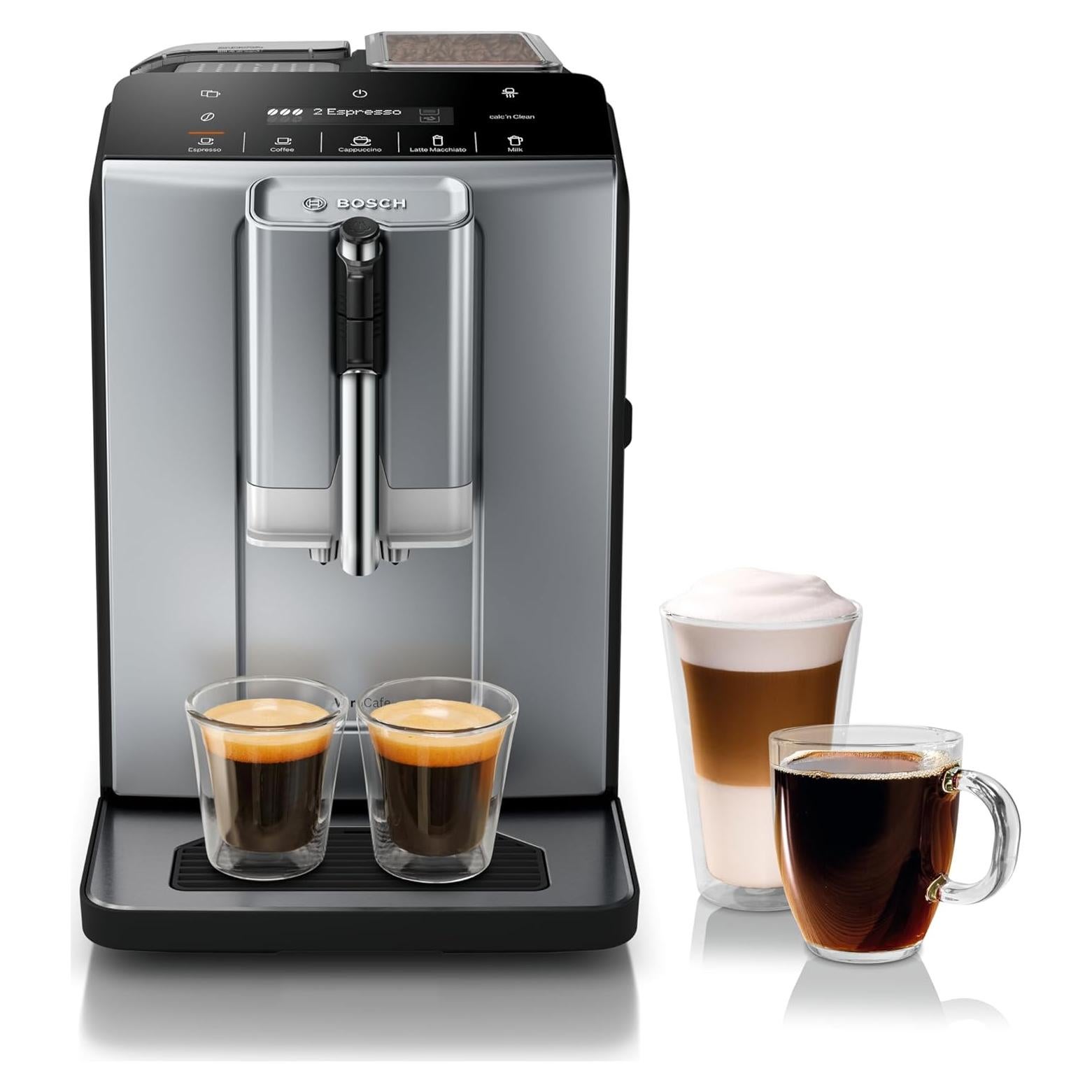 Bosch TIU20508 300 Series Fully Automatic Espresso Machine with Milk Express (in-cup frother), LCD + Touch Control Panel, Cup Warmer, OneTouch Milk-based Beverages and 5 Beverage Options, Dark Silver