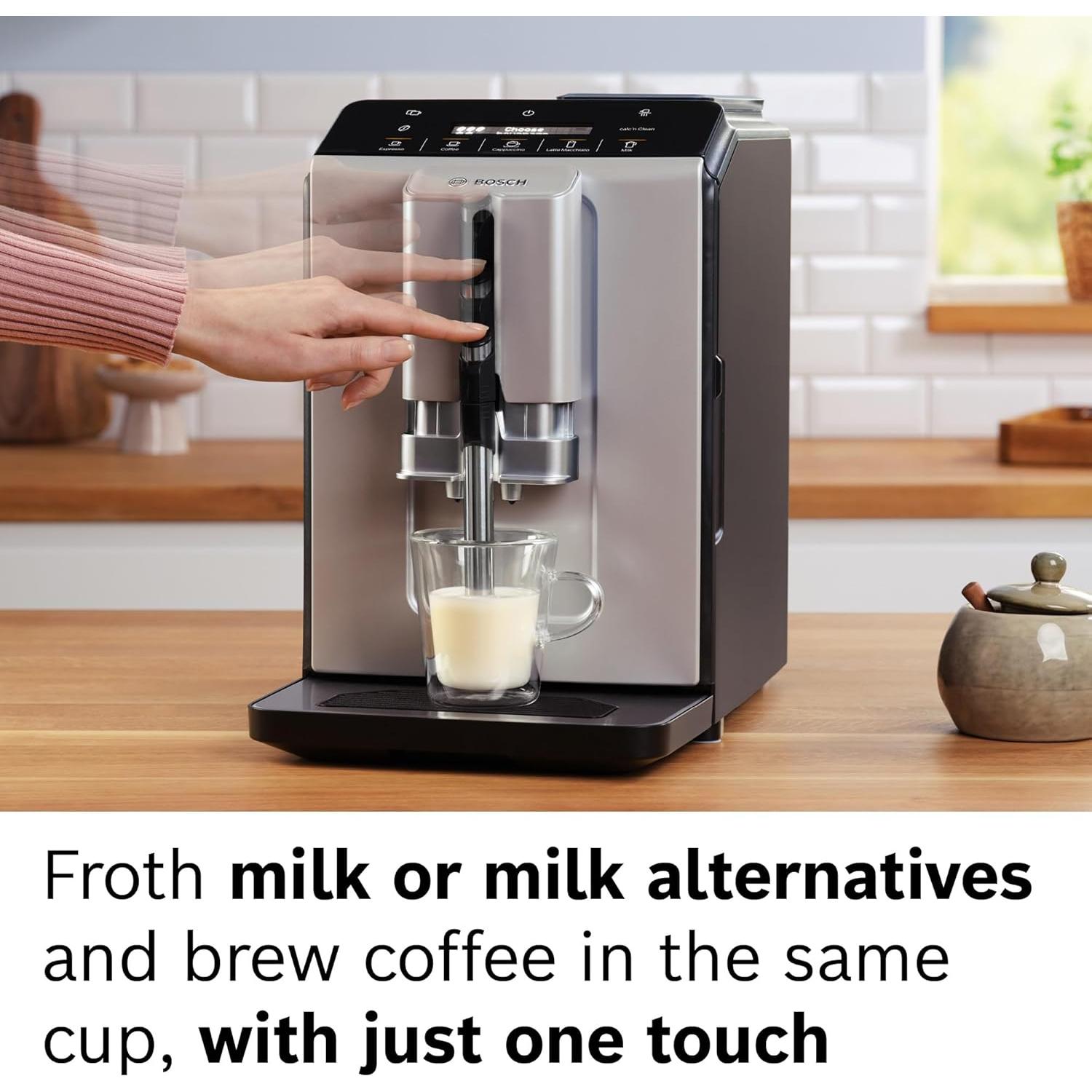 Bosch TIU20508 300 Series Fully Automatic Espresso Machine with Milk Express (in-cup frother), LCD + Touch Control Panel, Cup Warmer, OneTouch Milk-based Beverages and 5 Beverage Options, Dark Silver