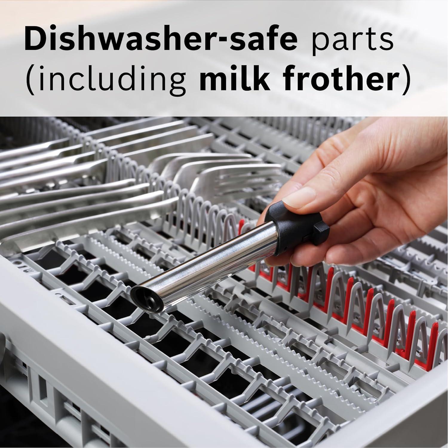 Bosch TIU20508 300 Series Fully Automatic Espresso Machine with Milk Express (in-cup frother), LCD + Touch Control Panel, Cup Warmer, OneTouch Milk-based Beverages and 5 Beverage Options, Dark Silver