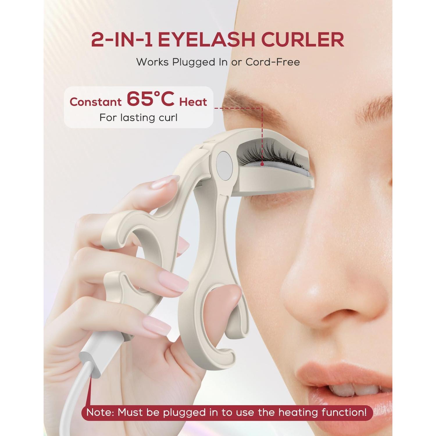 Heated Eyelash Curler, EC-1 Precision Type Lash Curler Open Style with 65°Heat Dual-Use Eyelash Curler Easy to Use for All Eye Shapes, No Pinching or Pulling Eyelash Eye Makeup Tool, Beige