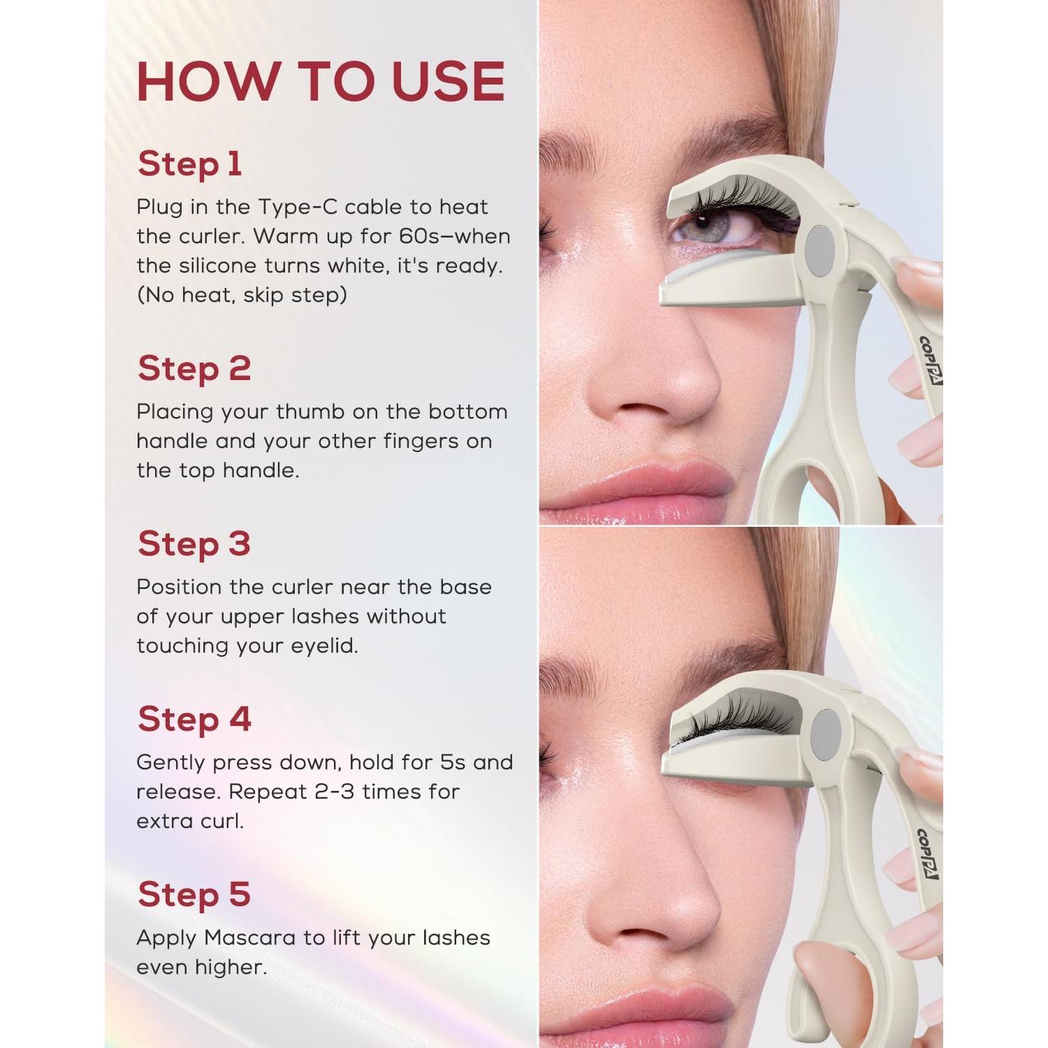 Heated Eyelash Curler, EC-1 Precision Type Lash Curler Open Style with 65°Heat Dual-Use Eyelash Curler Easy to Use for All Eye Shapes, No Pinching or Pulling Eyelash Eye Makeup Tool, Beige