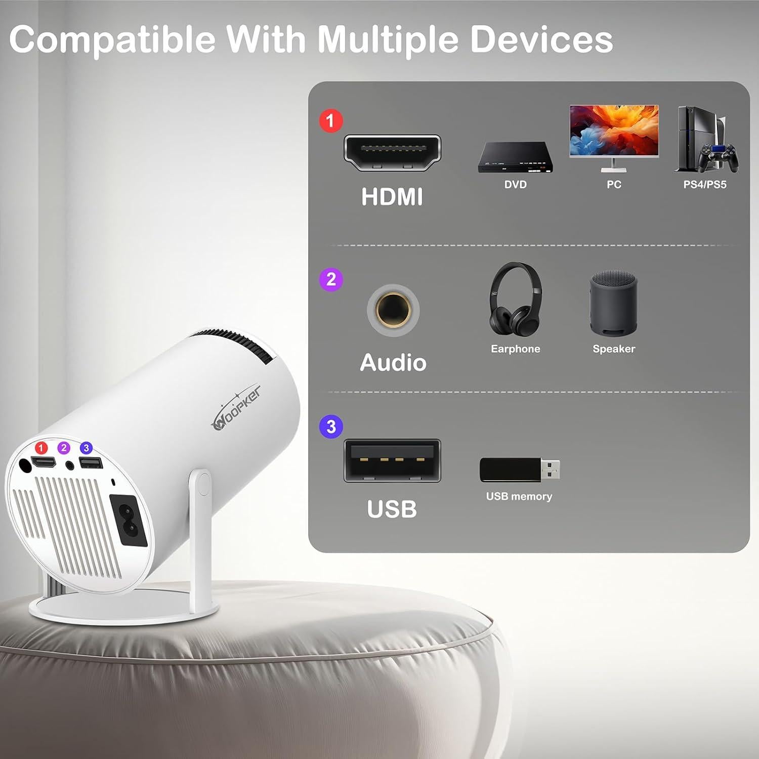 Proyector Mini WOOPKER HY300Pro 4K 1080P Portátil WiFi