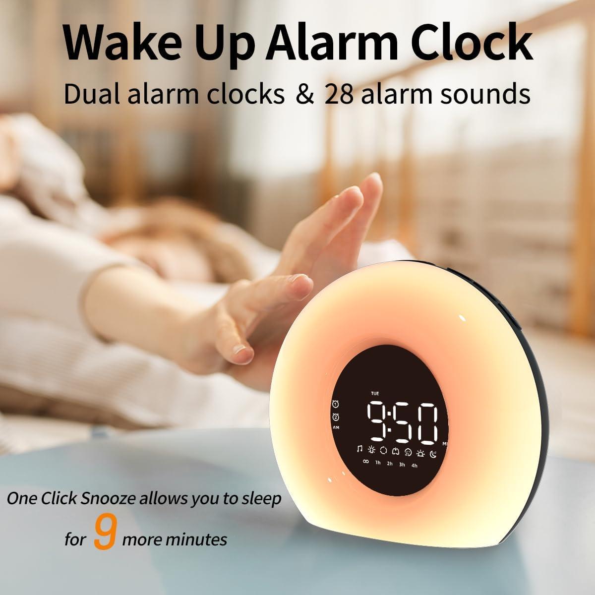Wake Up Light Sunrise Alarm Clock with Sunrise Sunset Simulation 23 Nature Sleep Sounds 13 Colors Night Light Dual Alarms Snooze Function Sleep Aid for Heavy Sleepers Kids Adults (Black)