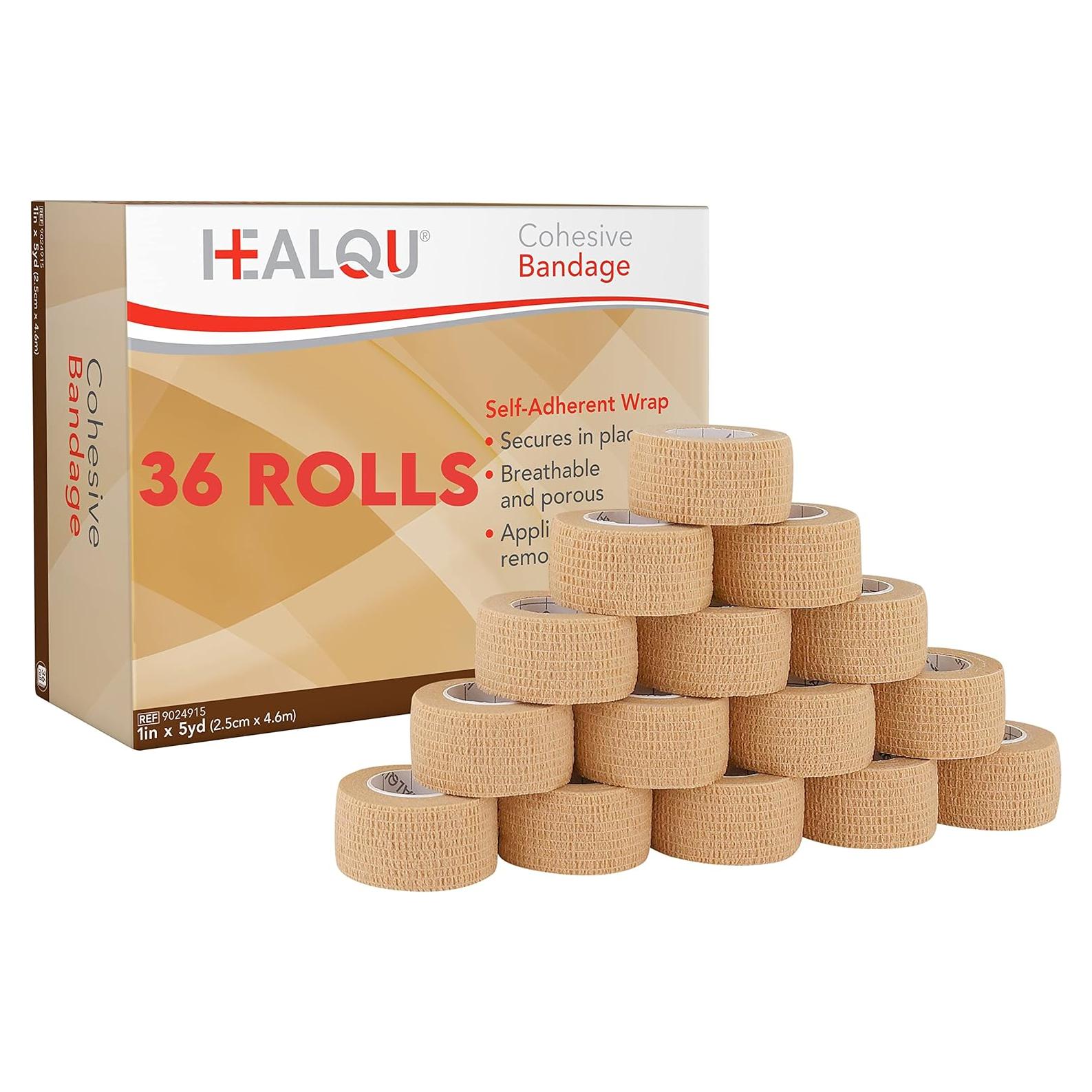 HEALQU Self Adhesive Bandage Wrap – Cohesive Tape for Athletic & Sports - 1" x 5 Yard Self Adherent Medical Tape, Flexible, Waterproof Elastic Bandages for Wrist & Ankle Vet Wrap for Dogs (Box of 36)