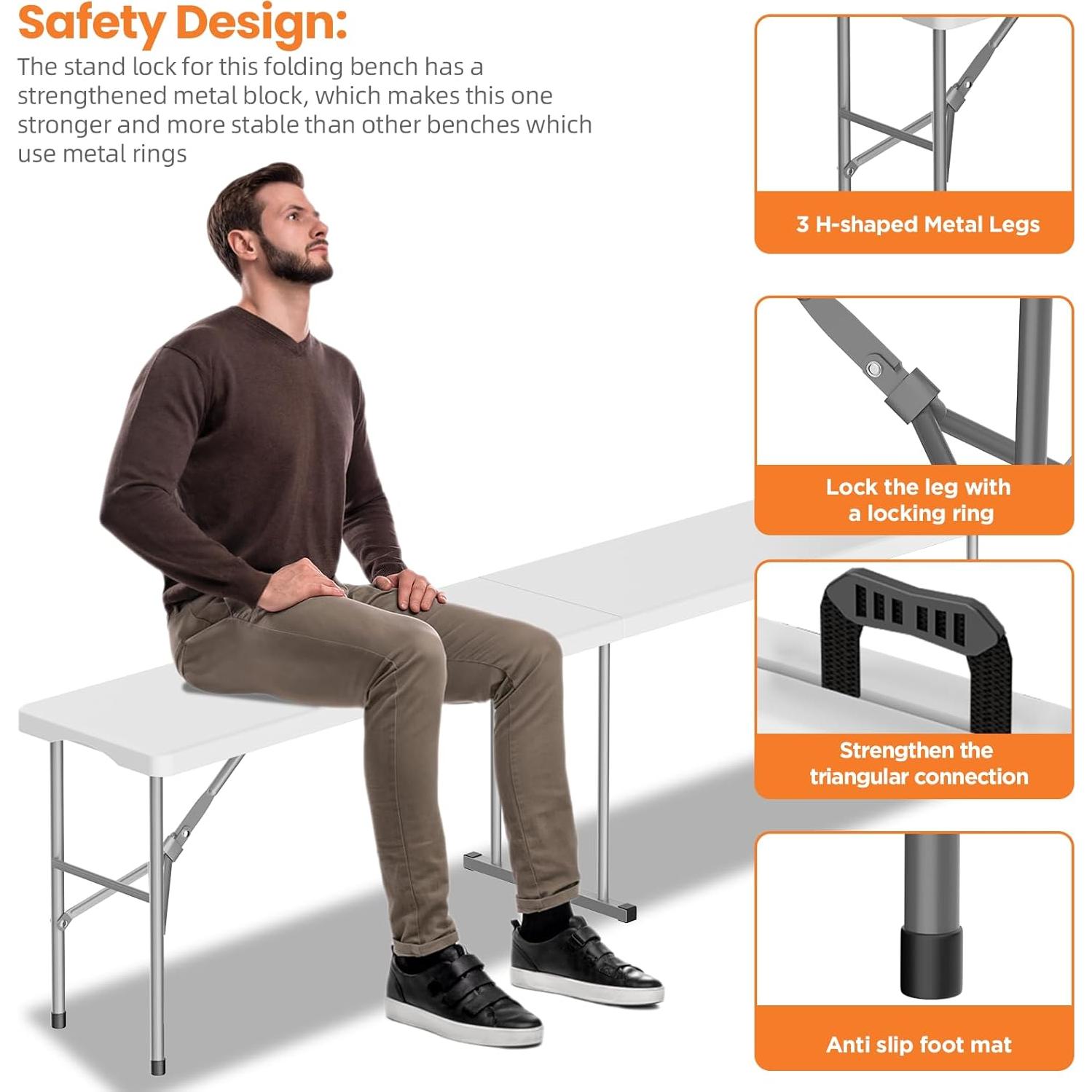 Banco Plegable HLPB 1.83 m HDPE Blanco Portátil 2 Pcs