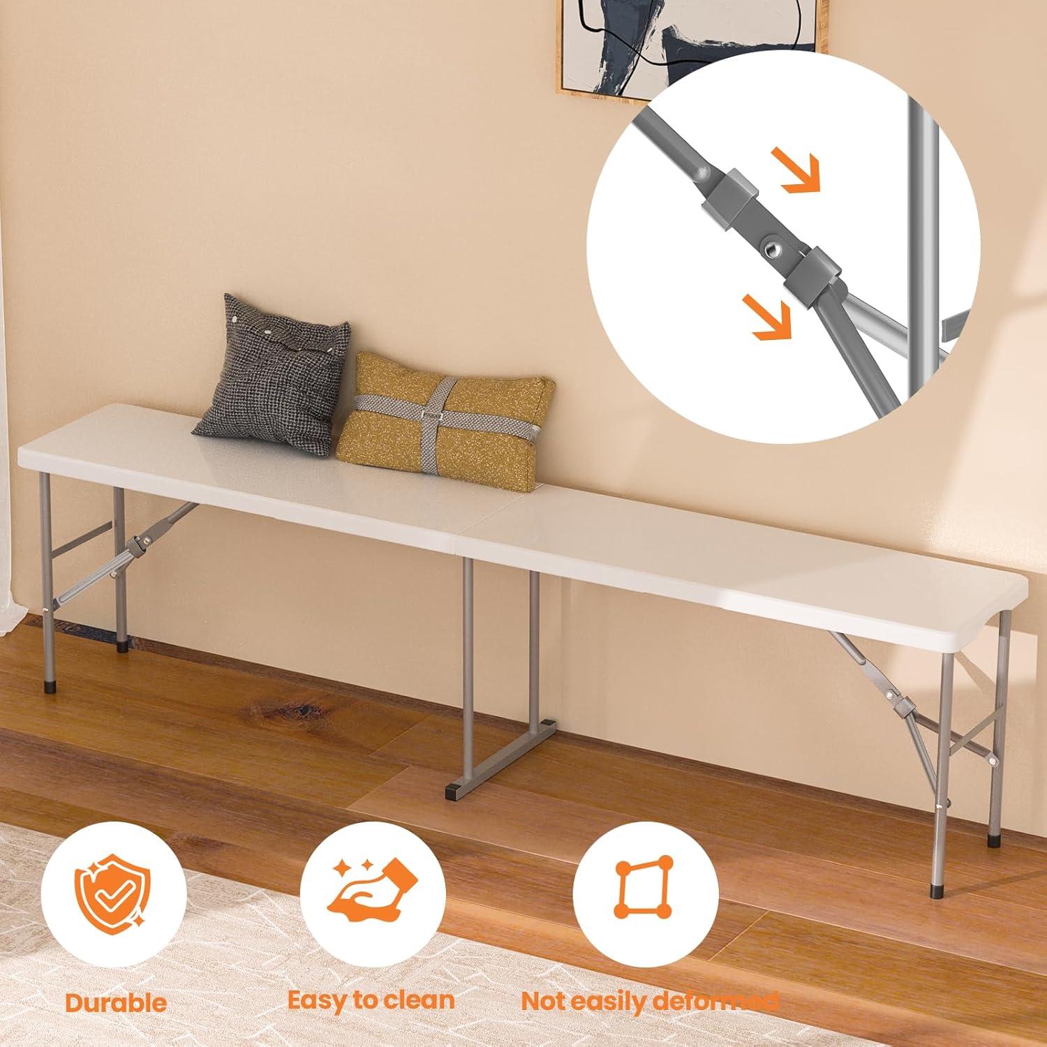 Banco Plegable HLPB 1.83 m HDPE Blanco Portátil 2 Pcs