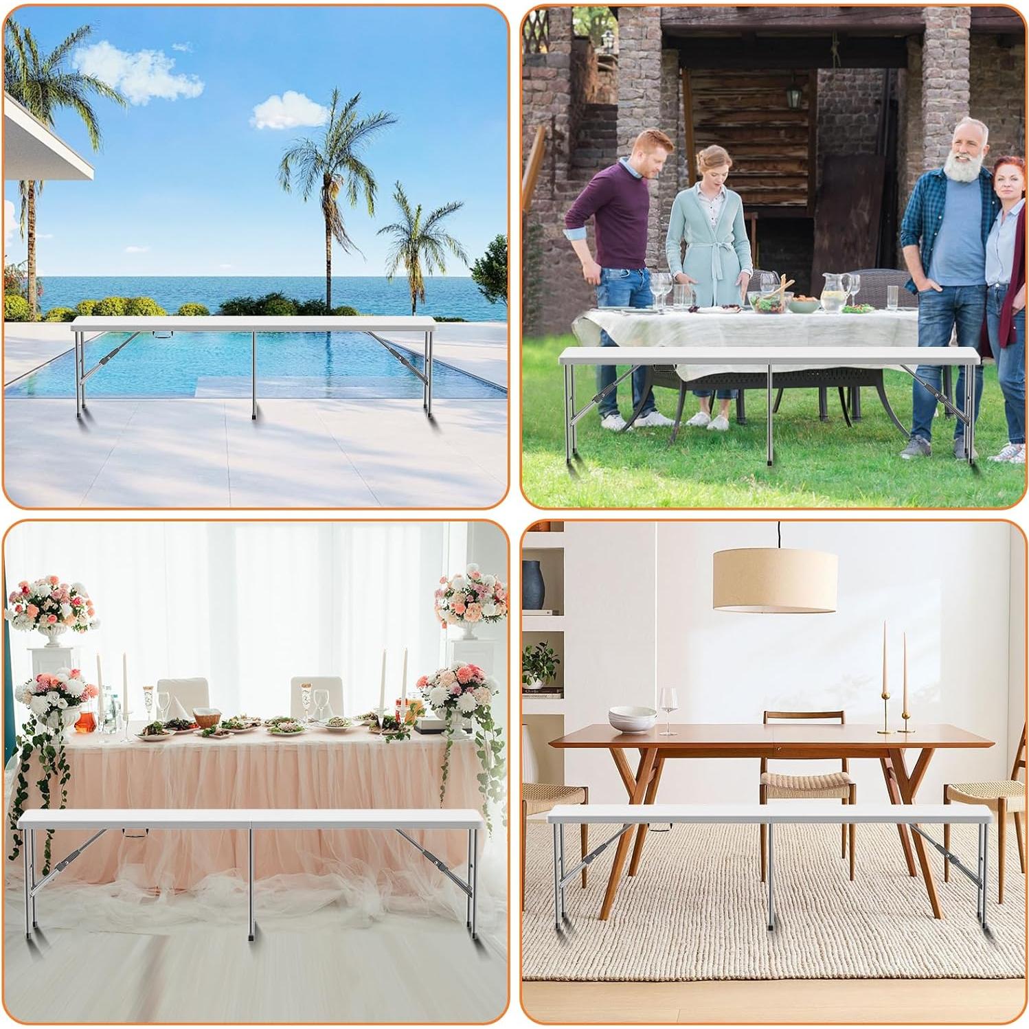 Banco Plegable HLPB 1.83 m HDPE Blanco Portátil 2 Pcs