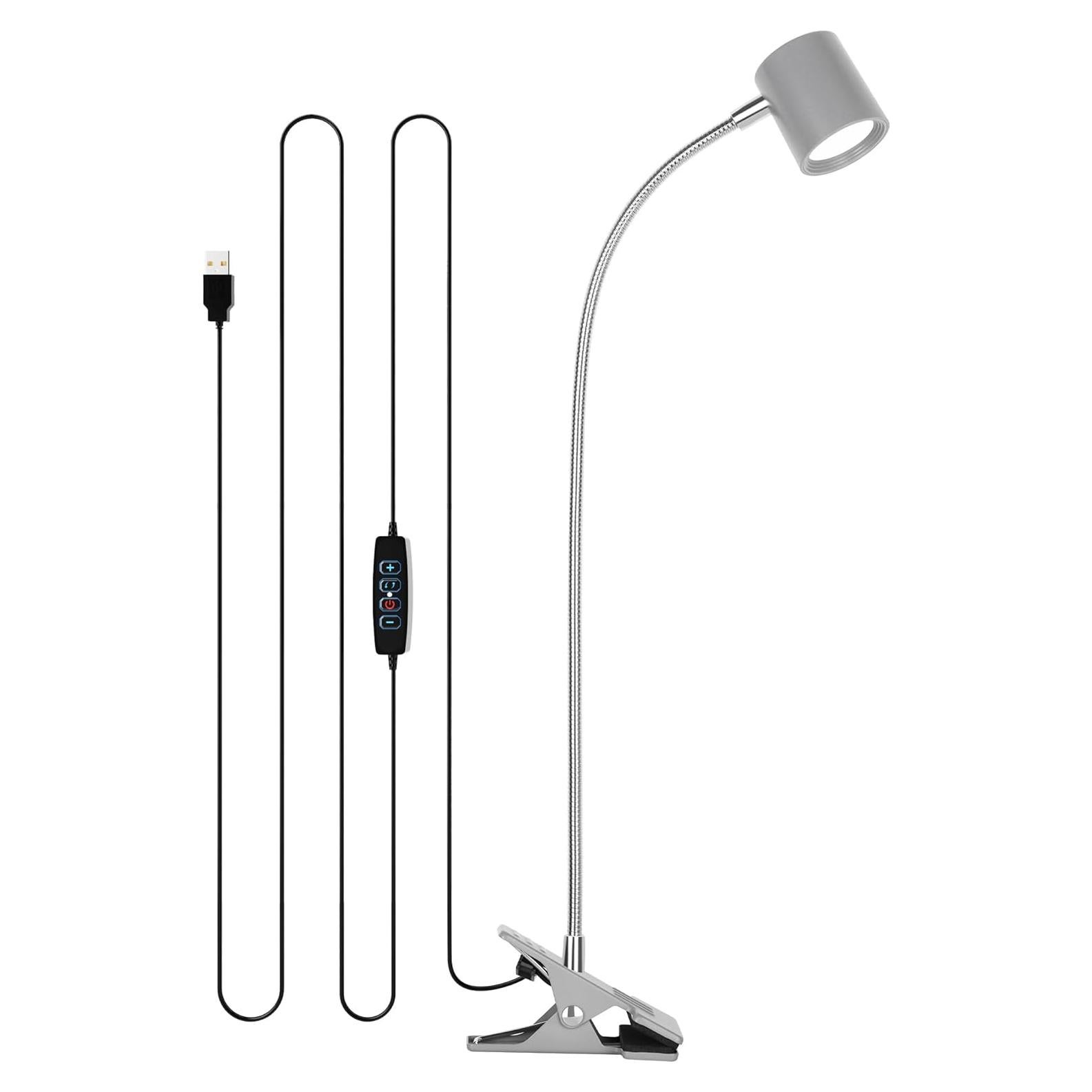 Dott Arts Desk Lamp,USB Clip On Light with 3 Color Modes,LED 10 Levels Brightness Reading Lamp, 360°Gooseneck Book Light,Eye-Care Reading Light for Home Office,Headboards Grey
