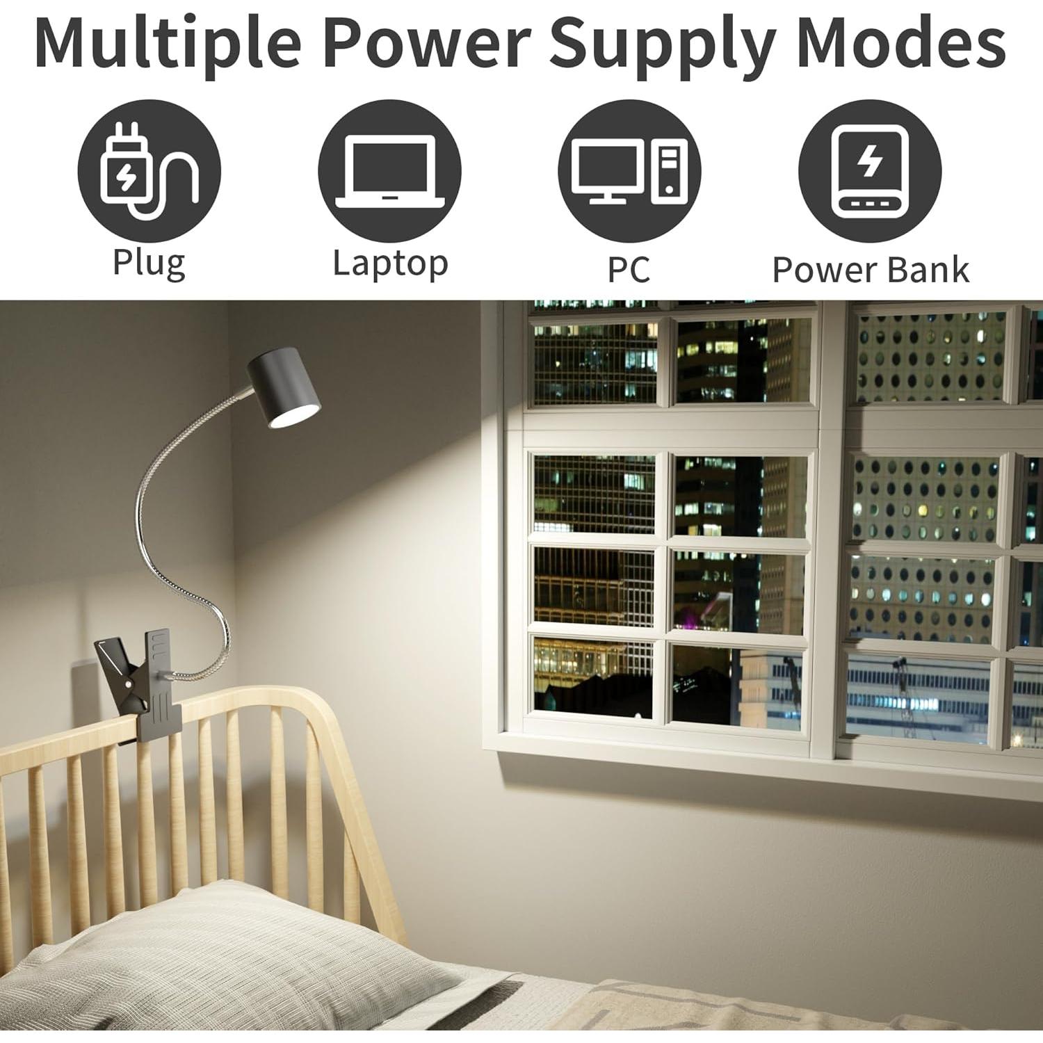 Dott Arts Desk Lamp,USB Clip On Light with 3 Color Modes,LED 10 Levels Brightness Reading Lamp, 360°Gooseneck Book Light,Eye-Care Reading Light for Home Office,Headboards Grey