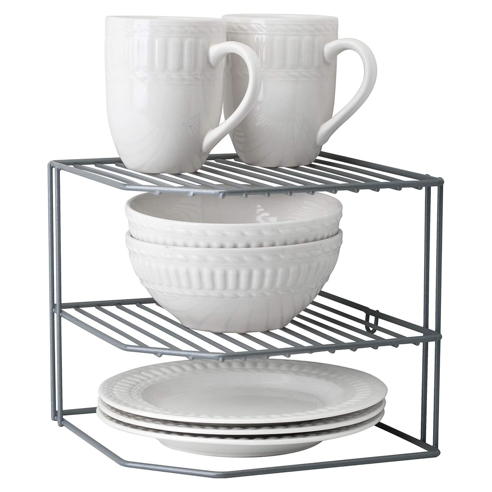 Kitchen Details Corner Shelf Organizer | Cabinet & Countertop Storage | Plates | Cups | Bowls | Grey