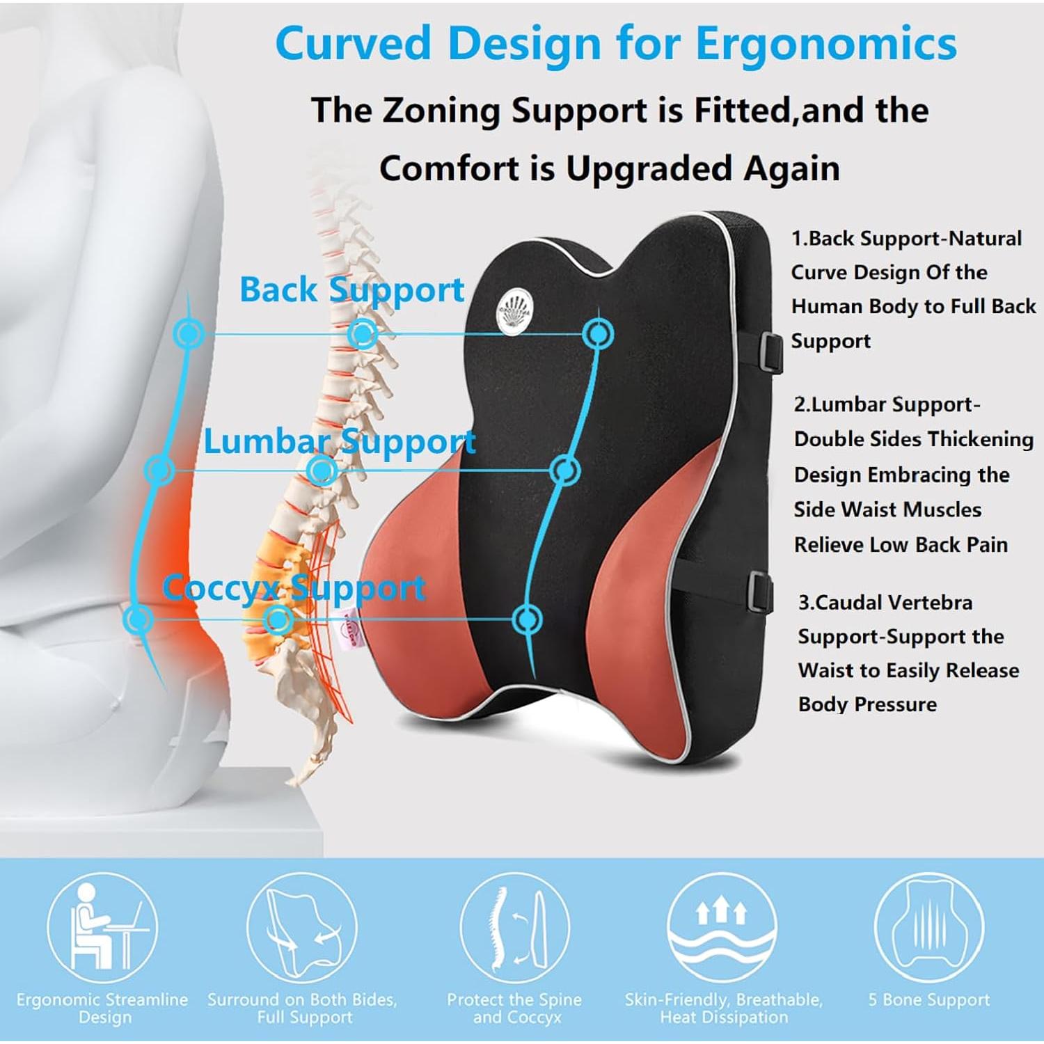 Lumbar Support Pillow for Office Chair,Memory Foam Back Support for Chair,Car Seat,Computer Chair,Recliner with Breathable Mesh Cover,Ergonomic Design for Back Pain Relief Improve Posture (Black)