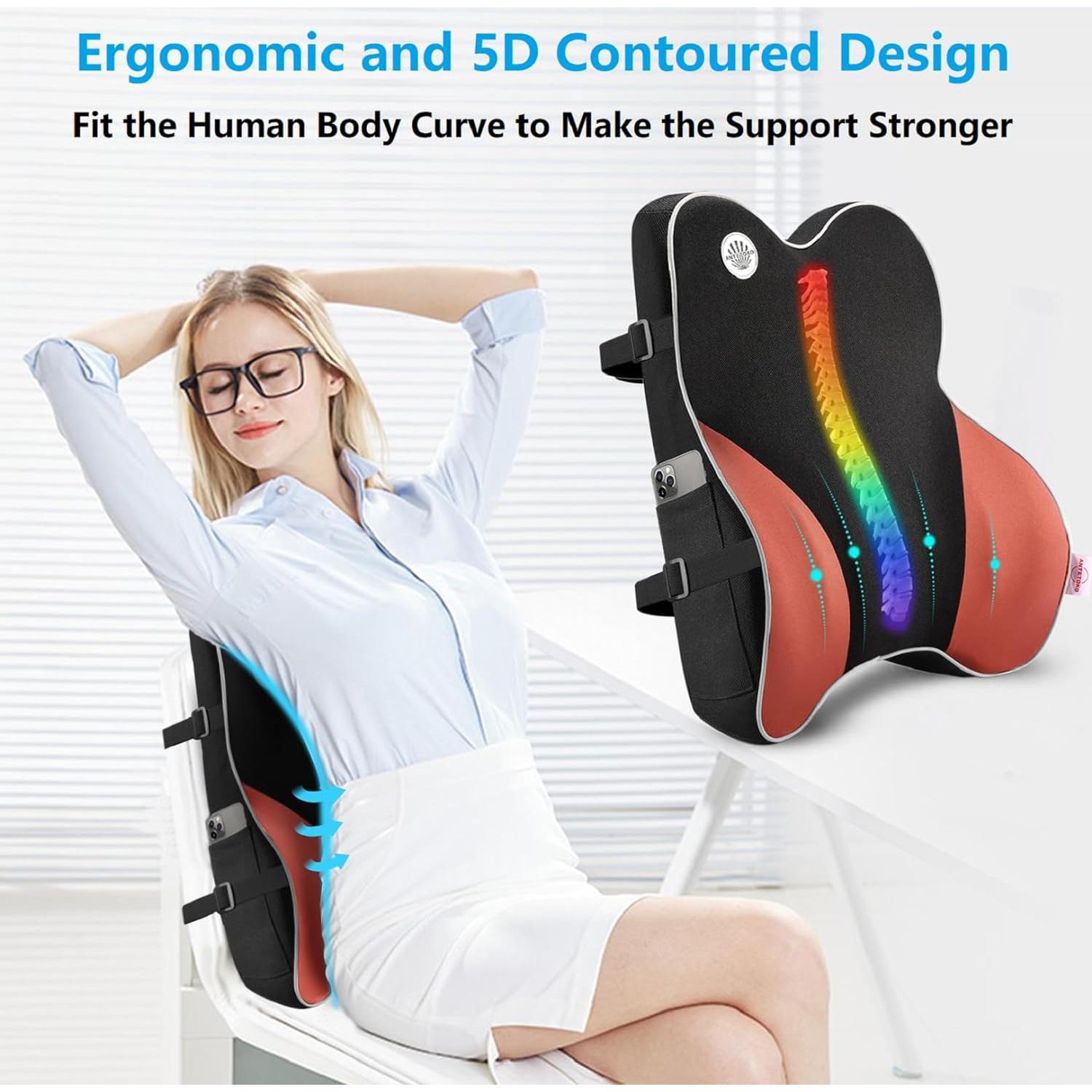 Lumbar Support Pillow for Office Chair,Memory Foam Back Support for Chair,Car Seat,Computer Chair,Recliner with Breathable Mesh Cover,Ergonomic Design for Back Pain Relief Improve Posture (Black)