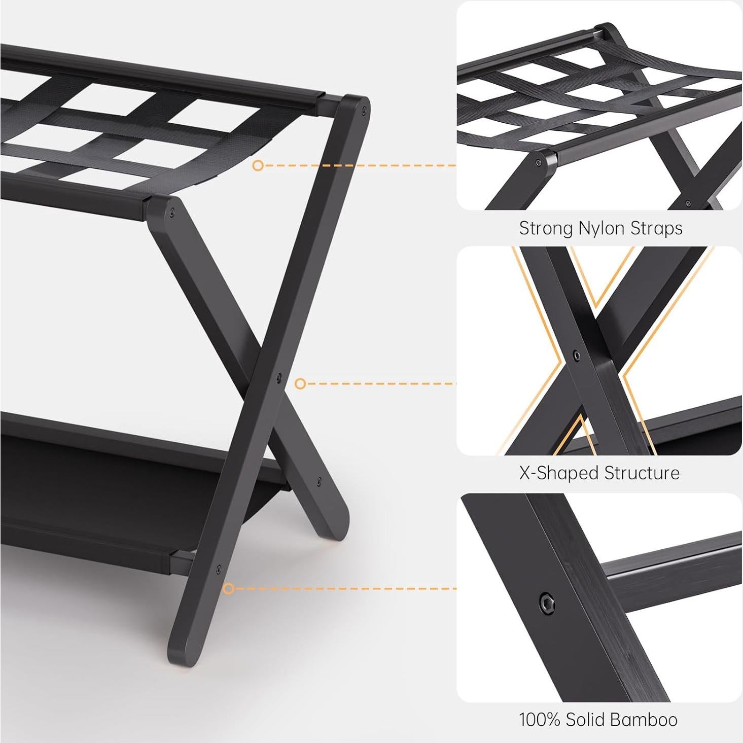 Soporte de Equipaje Plegable HITNET de Bambú Negro - 2 Niveles