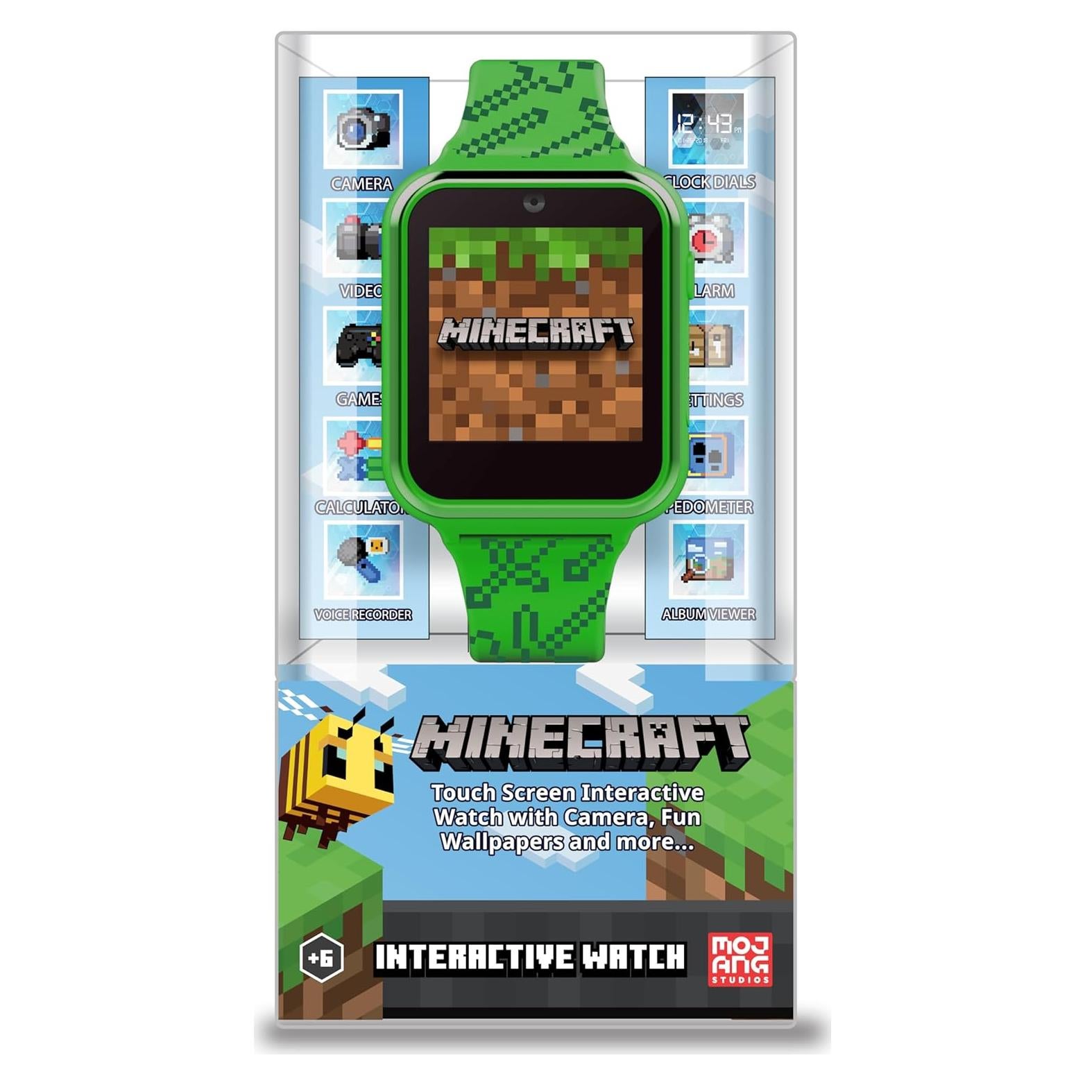 Minecraft Kids Smart Watch – Touchscreen Interactive Watch with 10 Customizable Clock Faces, Built-in Camera, Video Recorder, Alarm, Calculator, Games & Pedometer – Fits Wrists 5.5" to 8"