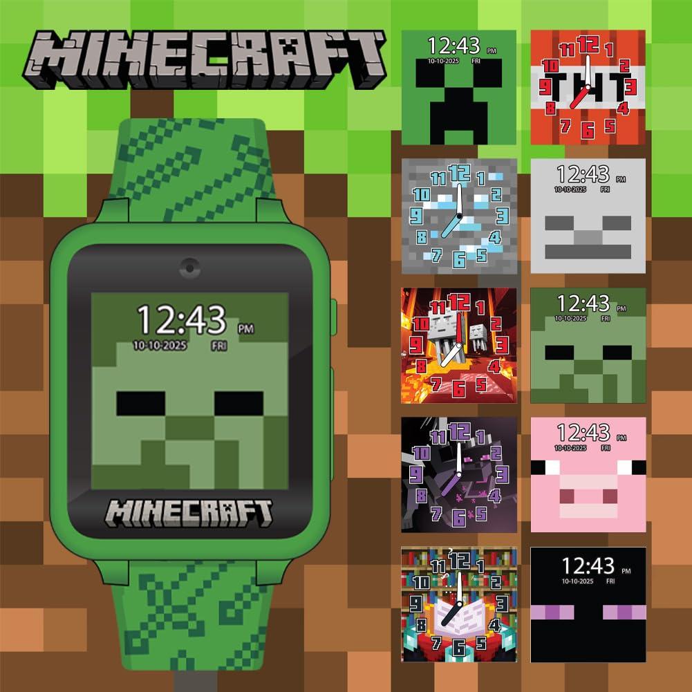 Minecraft Kids Smart Watch – Touchscreen Interactive Watch with 10 Customizable Clock Faces, Built-in Camera, Video Recorder, Alarm, Calculator, Games & Pedometer – Fits Wrists 5.5" to 8"