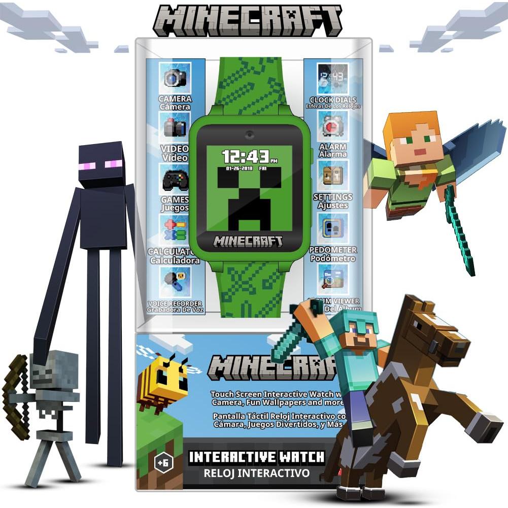 Minecraft Kids Smart Watch – Touchscreen Interactive Watch with 10 Customizable Clock Faces, Built-in Camera, Video Recorder, Alarm, Calculator, Games & Pedometer – Fits Wrists 5.5" to 8"