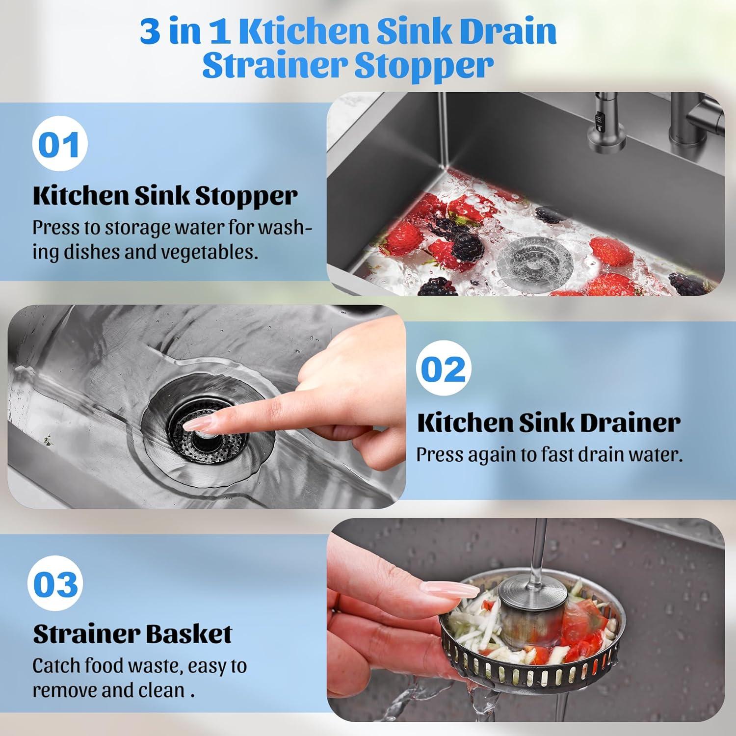 Colador de fregadero NinjaTiger 3 en 1 acero inoxidable 8.89 cm