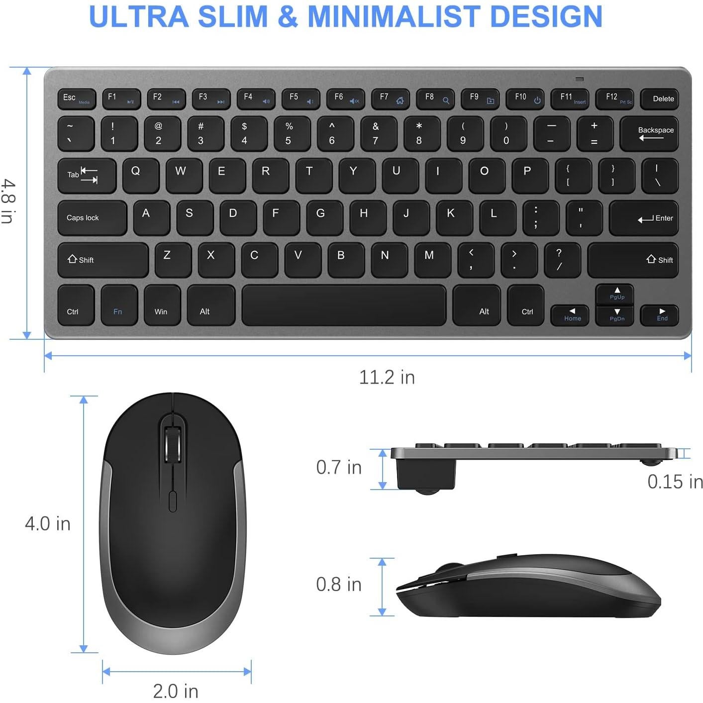 Compact Wireless Keyboard Mouse, 2.4GHz Ultra Thin Small Wireless Keyboard Mouse Combo for Desktop, Laptop (Black and Gray)