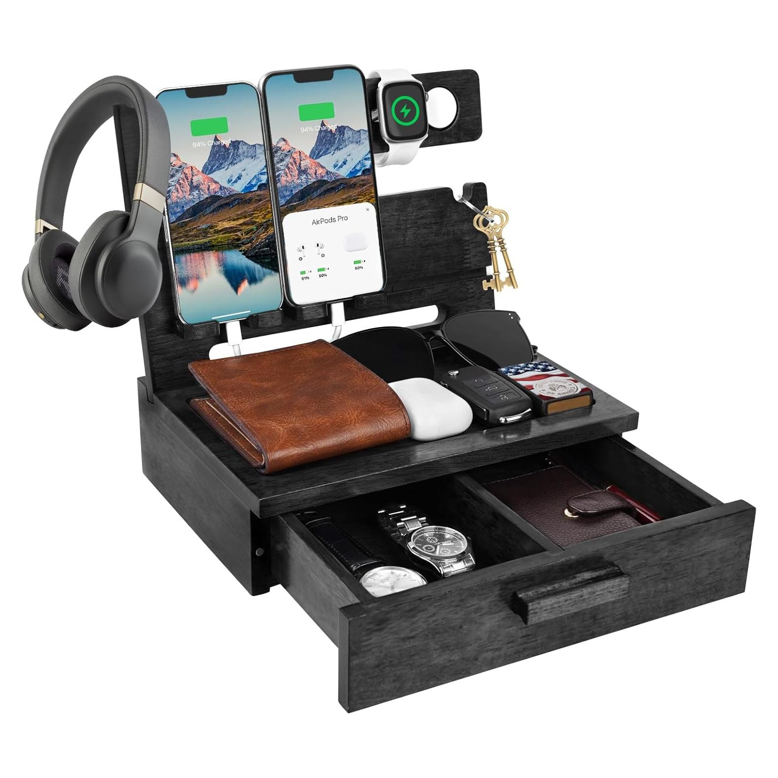 Father Day Dad Gifts from Daughter Son, Wood Phone Docking Station with Drawer Nightstand Organizer for Men Papa, Gifts for Husband Anniversary Birthday from Wife, Cool Xmas Gadget for Him