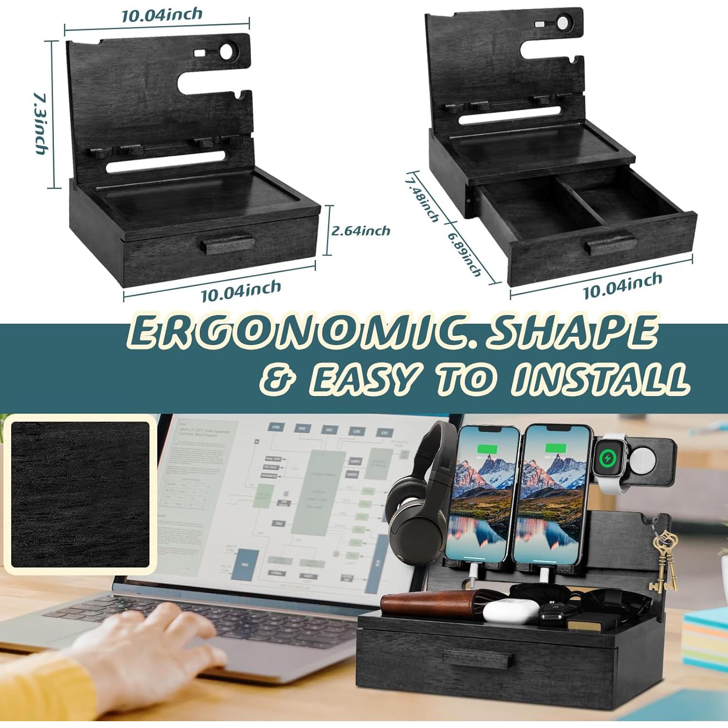 Father Day Dad Gifts from Daughter Son, Wood Phone Docking Station with Drawer Nightstand Organizer for Men Papa, Gifts for Husband Anniversary Birthday from Wife, Cool Xmas Gadget for Him