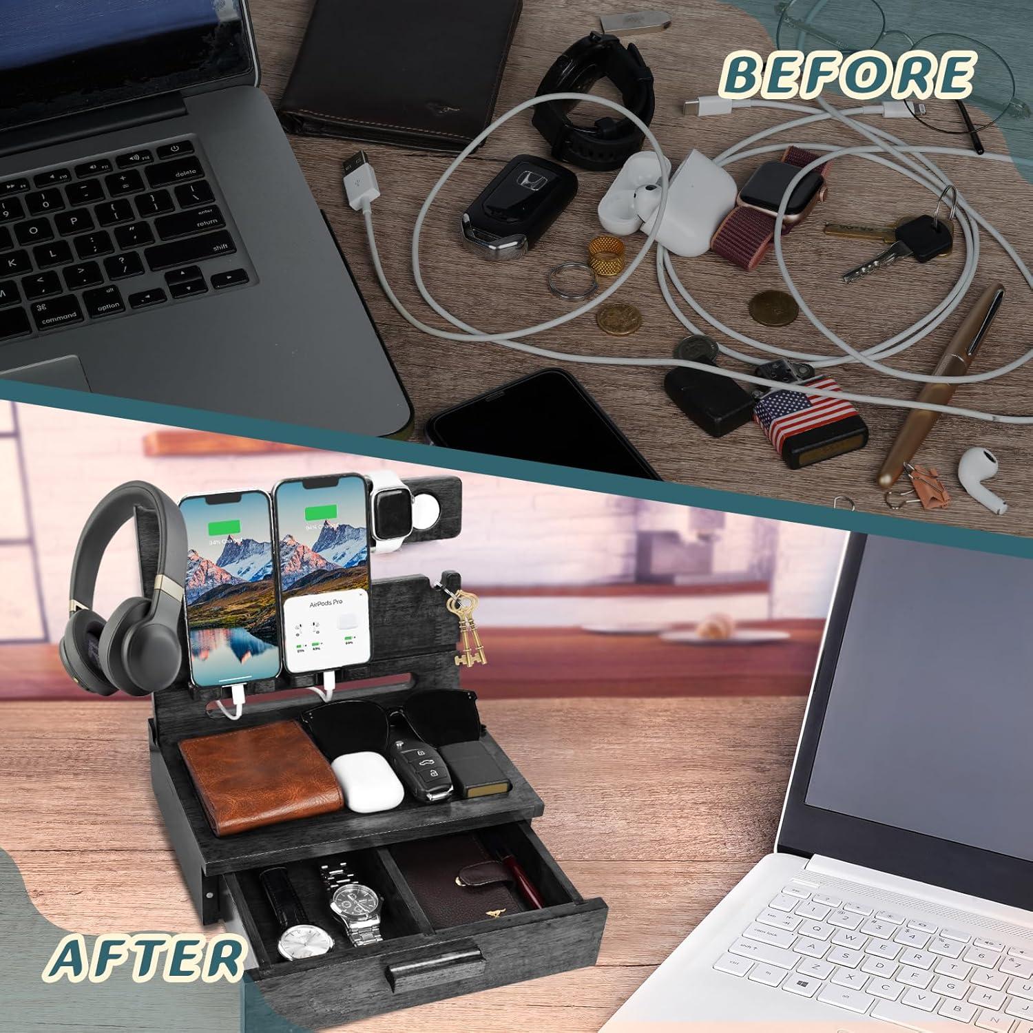 Father Day Dad Gifts from Daughter Son, Wood Phone Docking Station with Drawer Nightstand Organizer for Men Papa, Gifts for Husband Anniversary Birthday from Wife, Cool Xmas Gadget for Him