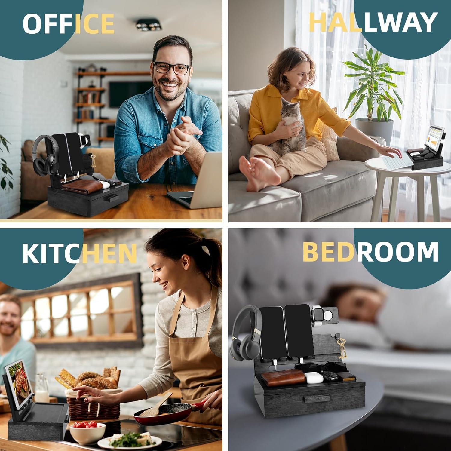 Father Day Dad Gifts from Daughter Son, Wood Phone Docking Station with Drawer Nightstand Organizer for Men Papa, Gifts for Husband Anniversary Birthday from Wife, Cool Xmas Gadget for Him