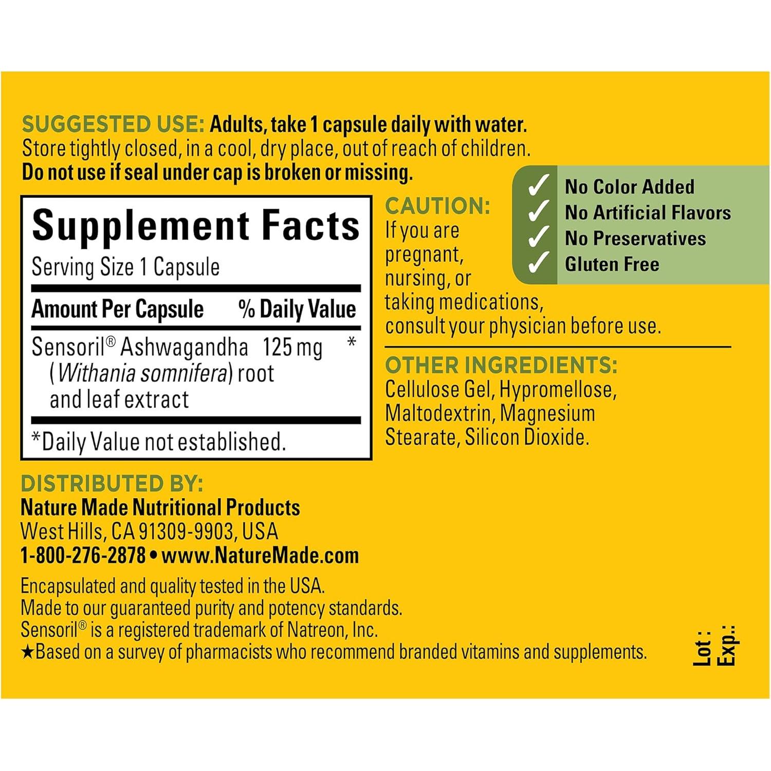 Cápsulas de Ashwagandha Nature Made 125mg - 60 Unidades