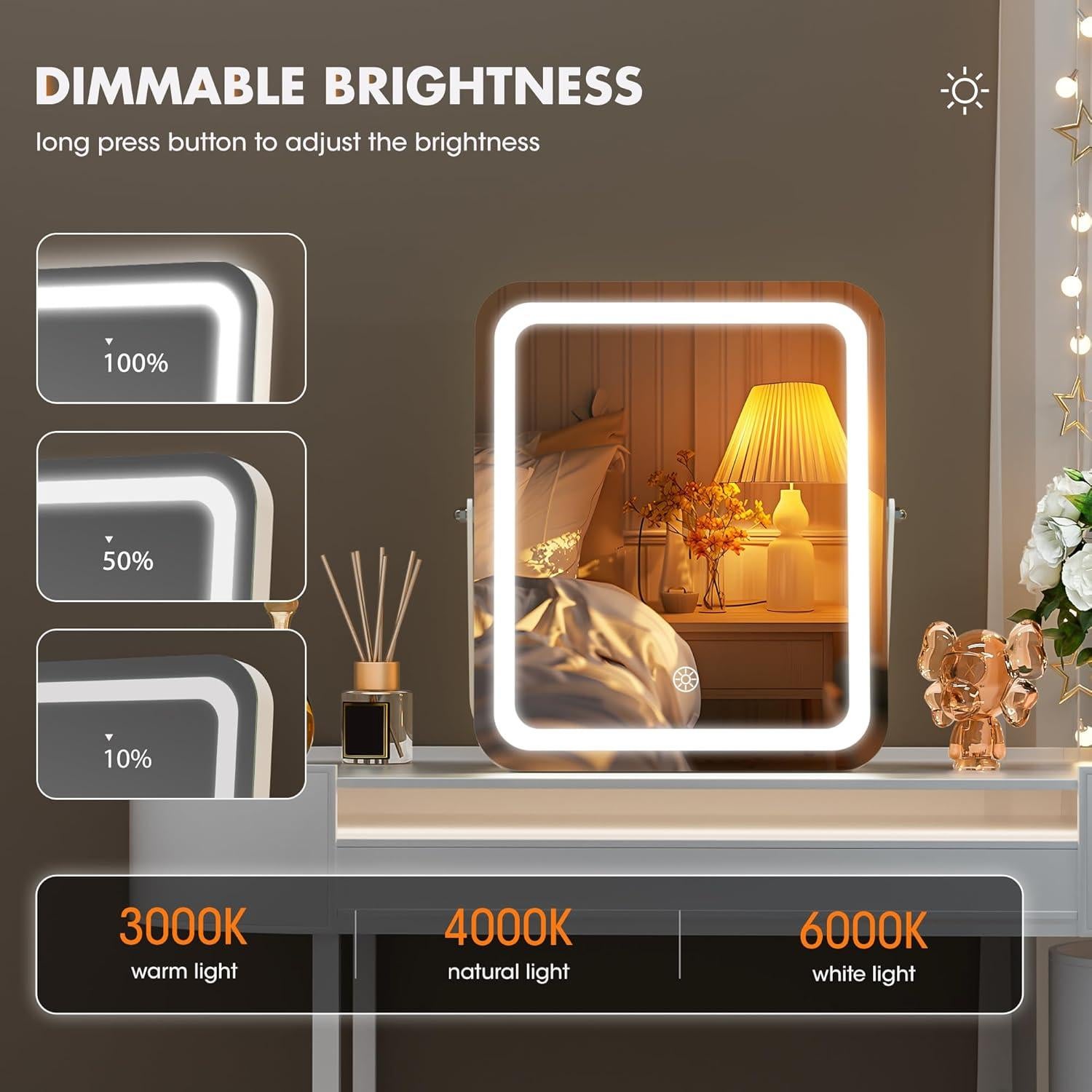 Espejo de Tocador LED Hasipu 25.4x30.5 cm 3 Modos Luz