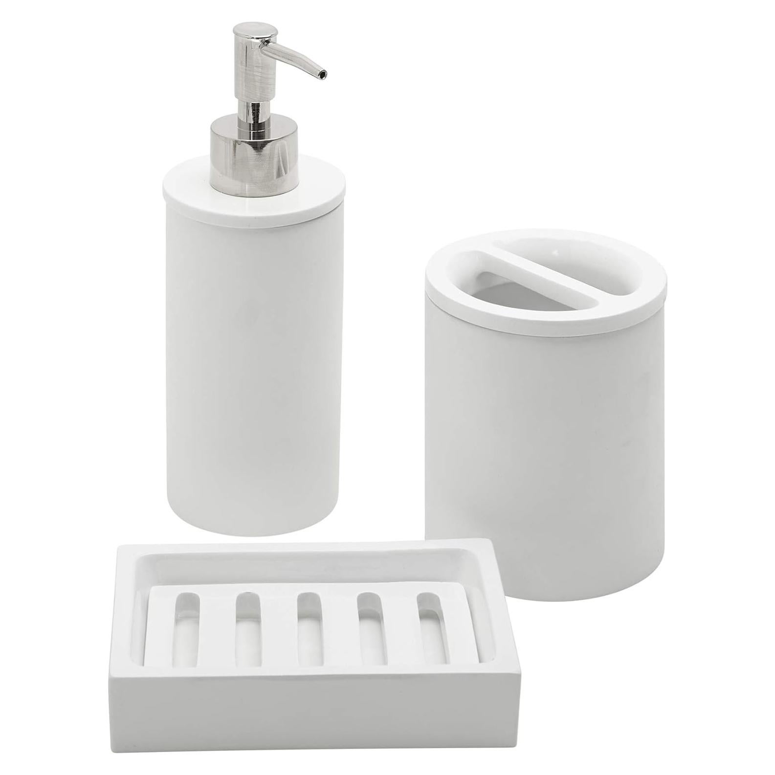 Zenna Home Smart Accessories 3-Piece Bathroom Accessory Set: Toothbrush Holder, Lotion or Soap Dispenser, and Soap Dish, in White
