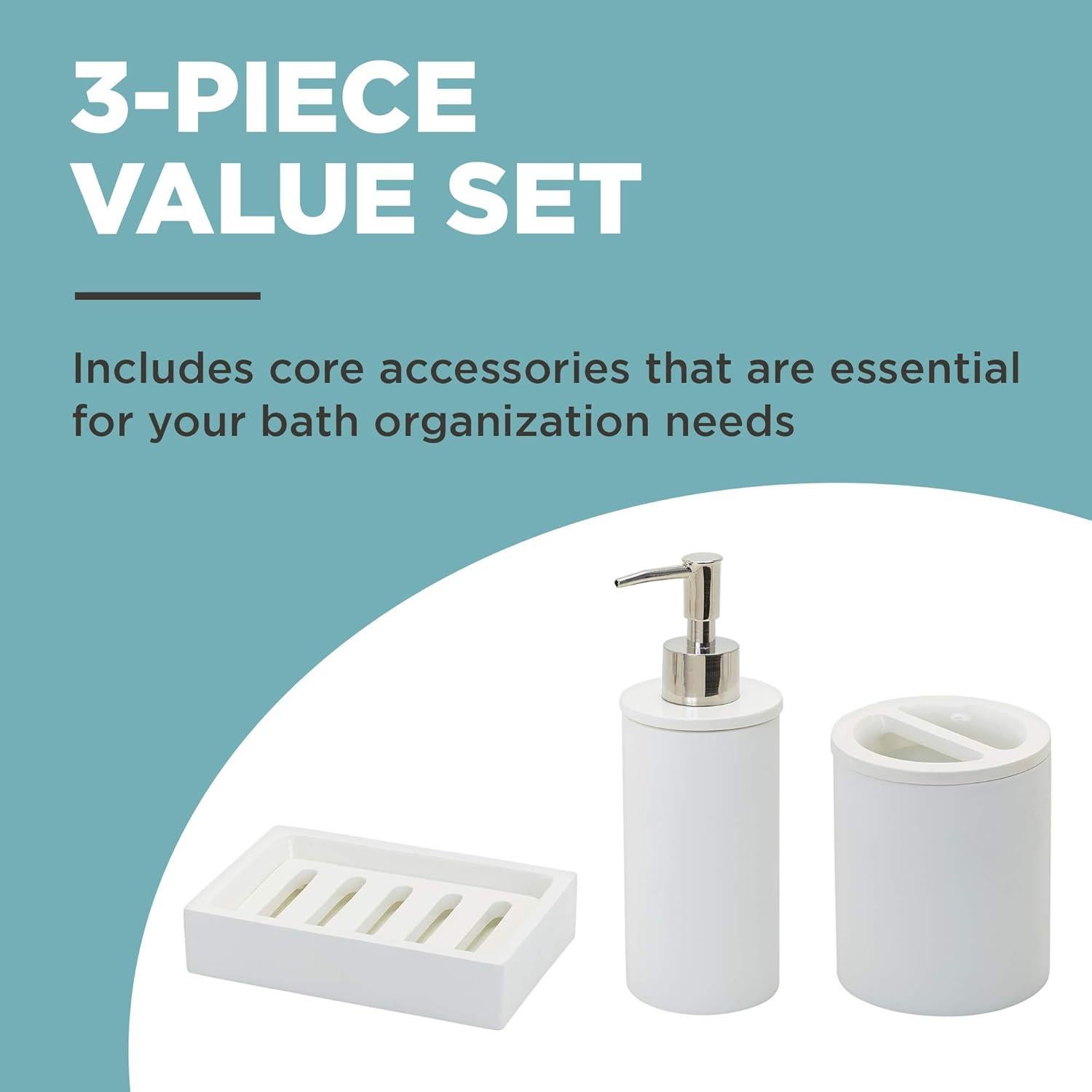 Zenna Home Smart Accessories 3-Piece Bathroom Accessory Set: Toothbrush Holder, Lotion or Soap Dispenser, and Soap Dish, in White