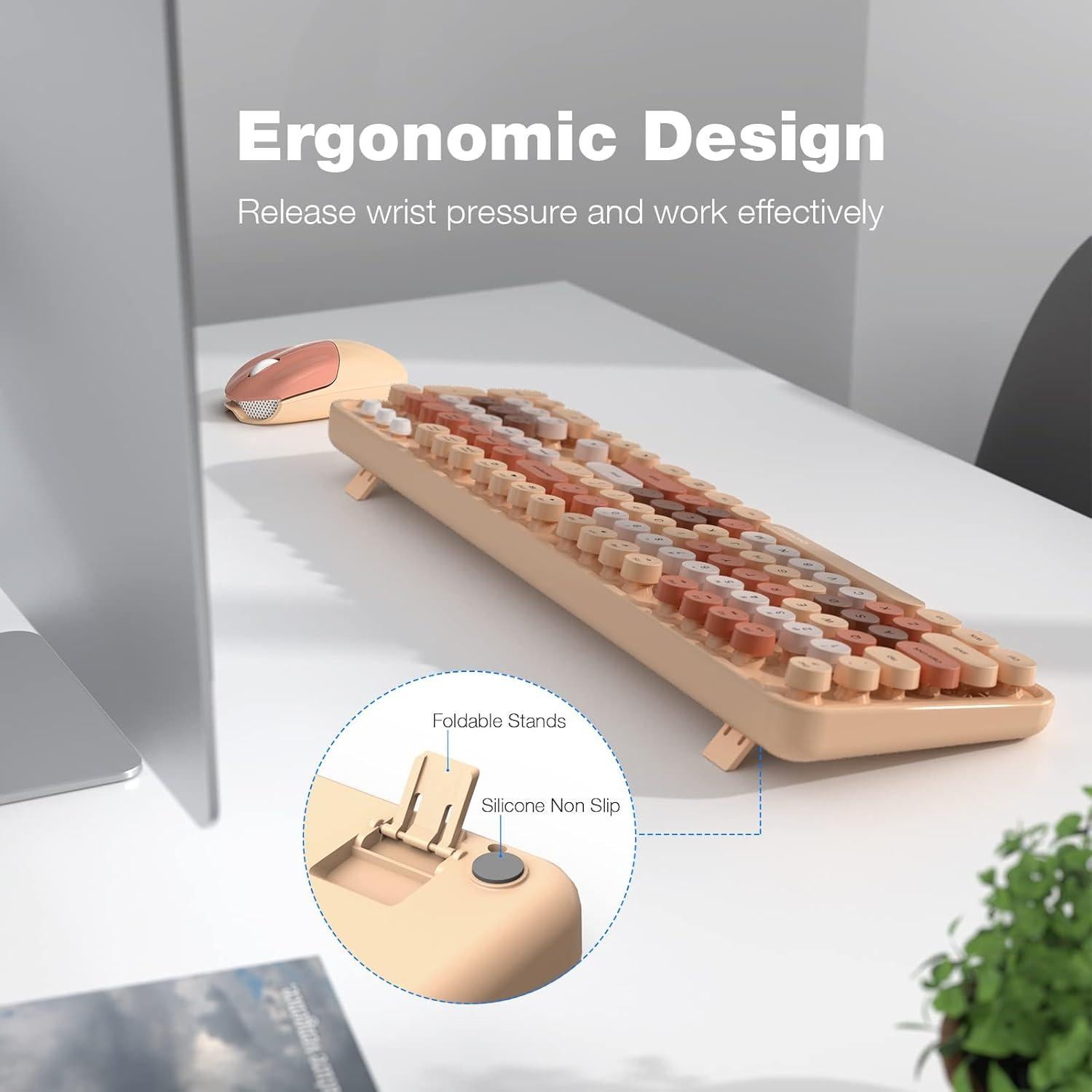 Combo Teclado y Ratón Inalámbrico KNOWSQT Color Té con Leche