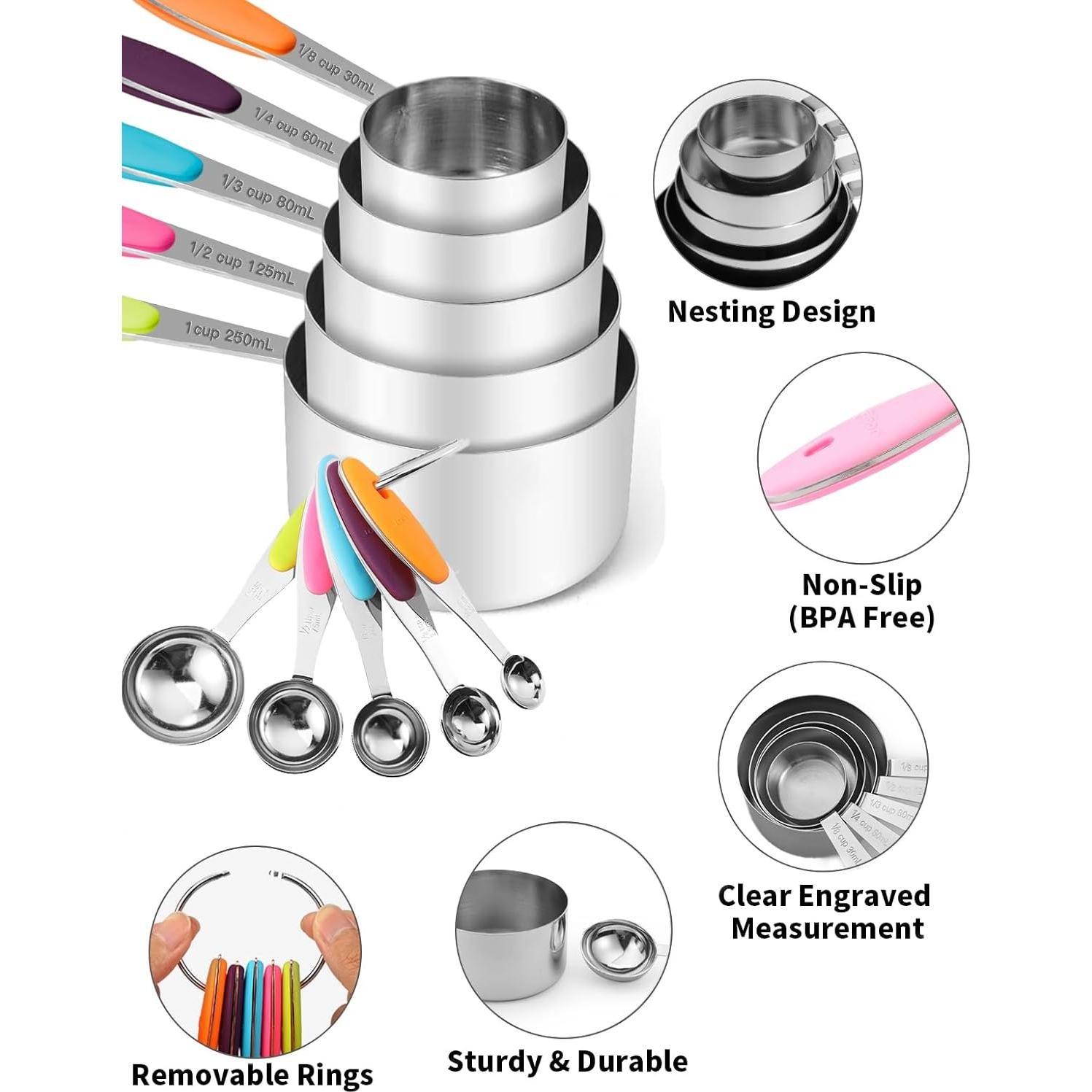 Juego de Tazas y Cucharas Medidoras Joyhill 10 Piezas Acero Inoxidable