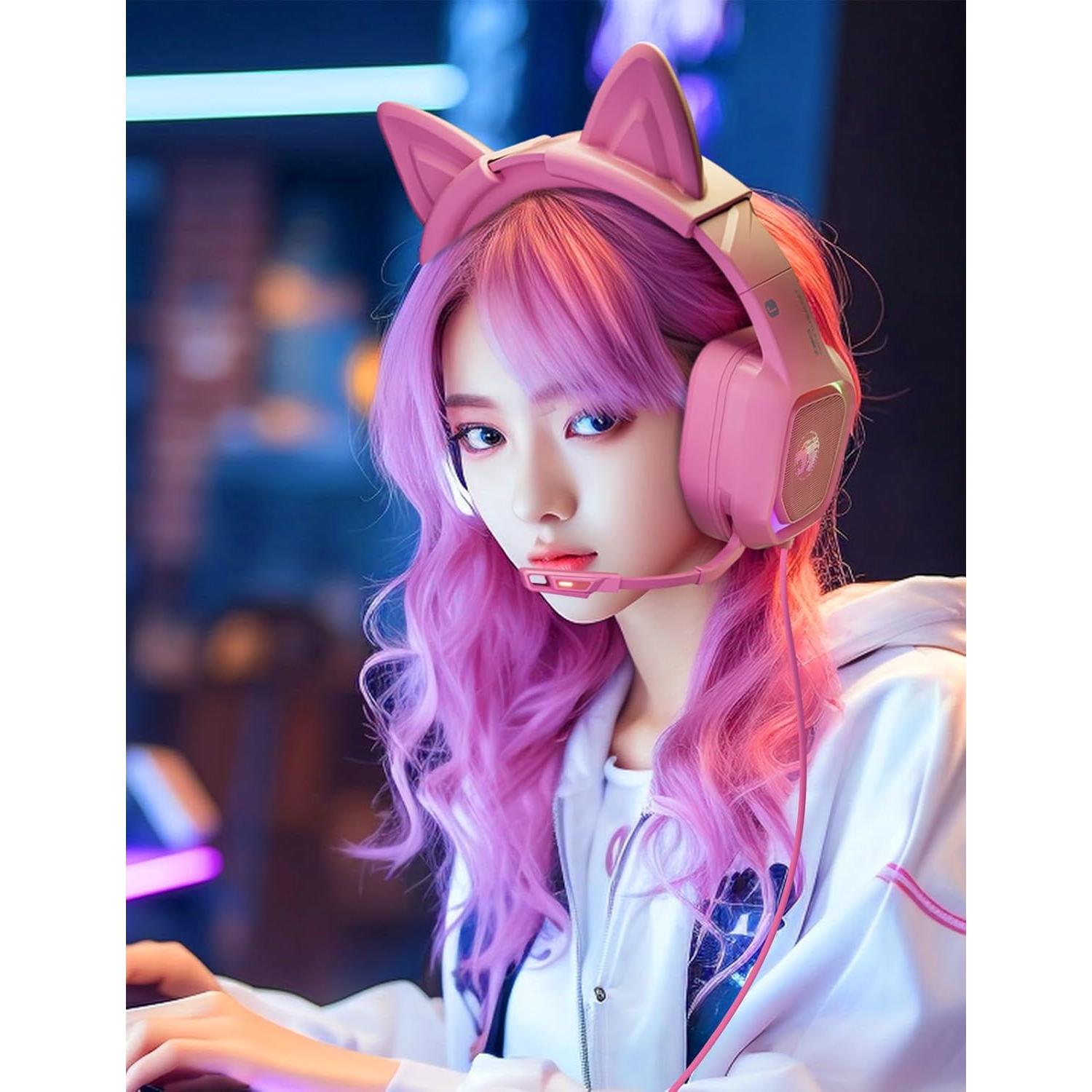 Auriculares de Juego ZIUMIER Z30 Rosa con Orejas de Gato