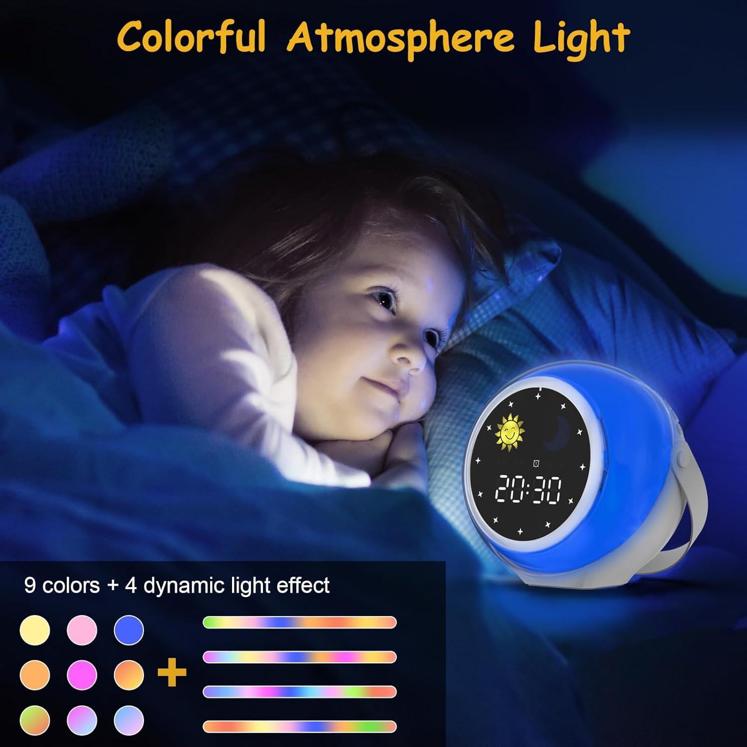 Kids Alarm Clock for Bedroom: Ok to Wake Clock with Sunrise & Moon, Digital White Noise Sound Machine & Night Light for Toddlers/Girl/Boy, Ideal Decor & Sleep Trainer (Adjustable)