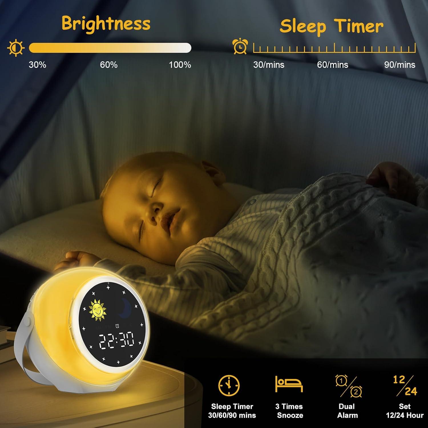 Kids Alarm Clock for Bedroom: Ok to Wake Clock with Sunrise & Moon, Digital White Noise Sound Machine & Night Light for Toddlers/Girl/Boy, Ideal Decor & Sleep Trainer (Adjustable)