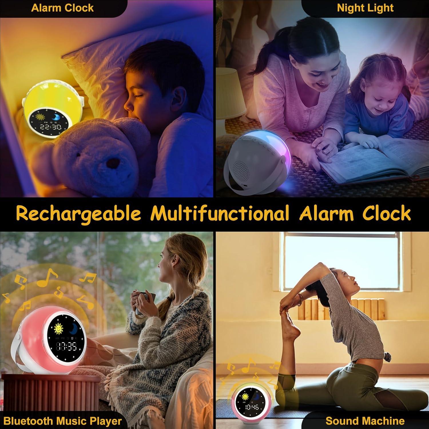 Kids Alarm Clock for Bedroom: Ok to Wake Clock with Sunrise & Moon, Digital White Noise Sound Machine & Night Light for Toddlers/Girl/Boy, Ideal Decor & Sleep Trainer (Adjustable)