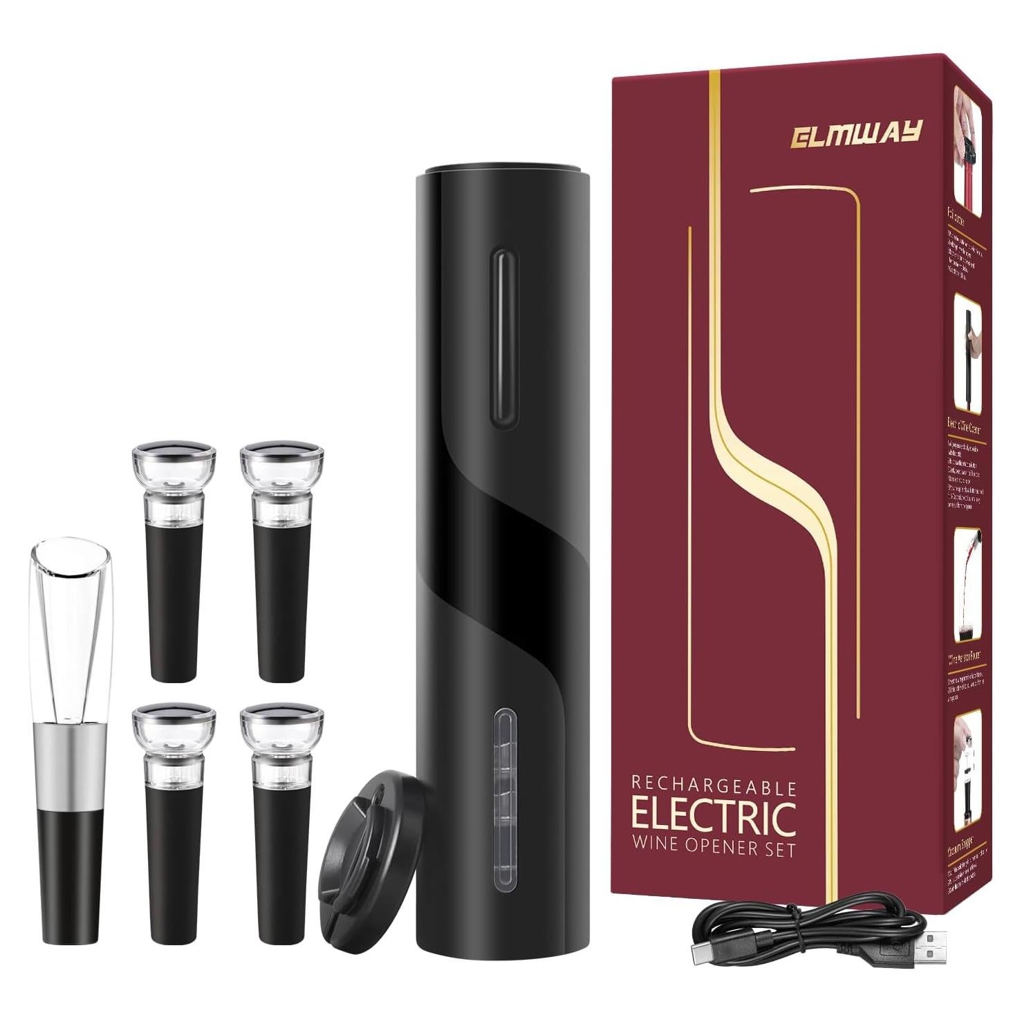 Abridor de Vino Eléctrico ELMWAY Negro con Cortador y Tapones