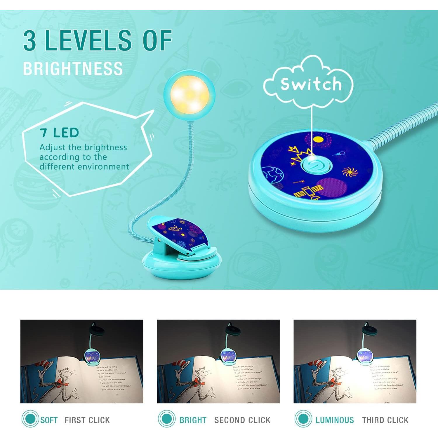 Lámpara de Libro Recargable Vekkia Azul, Luz de Lectura 3 Brillos