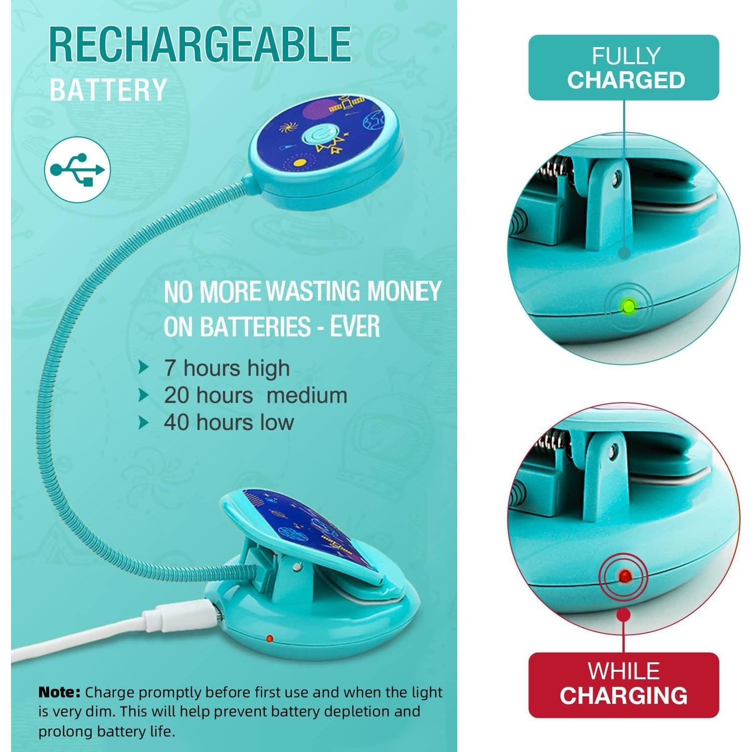 Lámpara de Libro Recargable Vekkia Azul, Luz de Lectura 3 Brillos